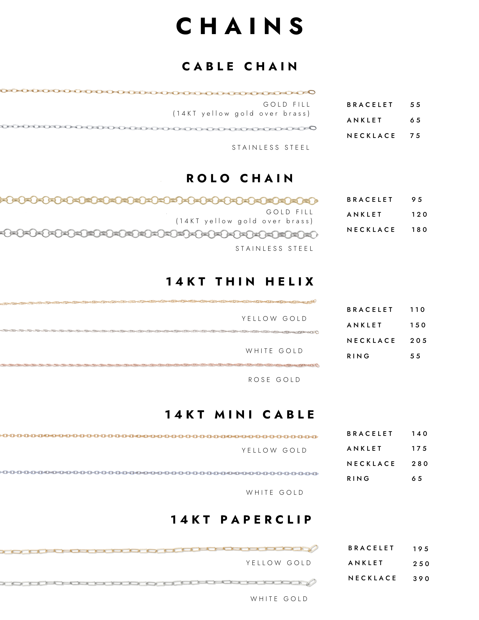 Permanent jewelry chain options from Brave Daughters — comparison of 14k gold and gold fill chains including cable, paperclip, and helix styles with prices for custom bracelets, anklets, rings, and necklaces.