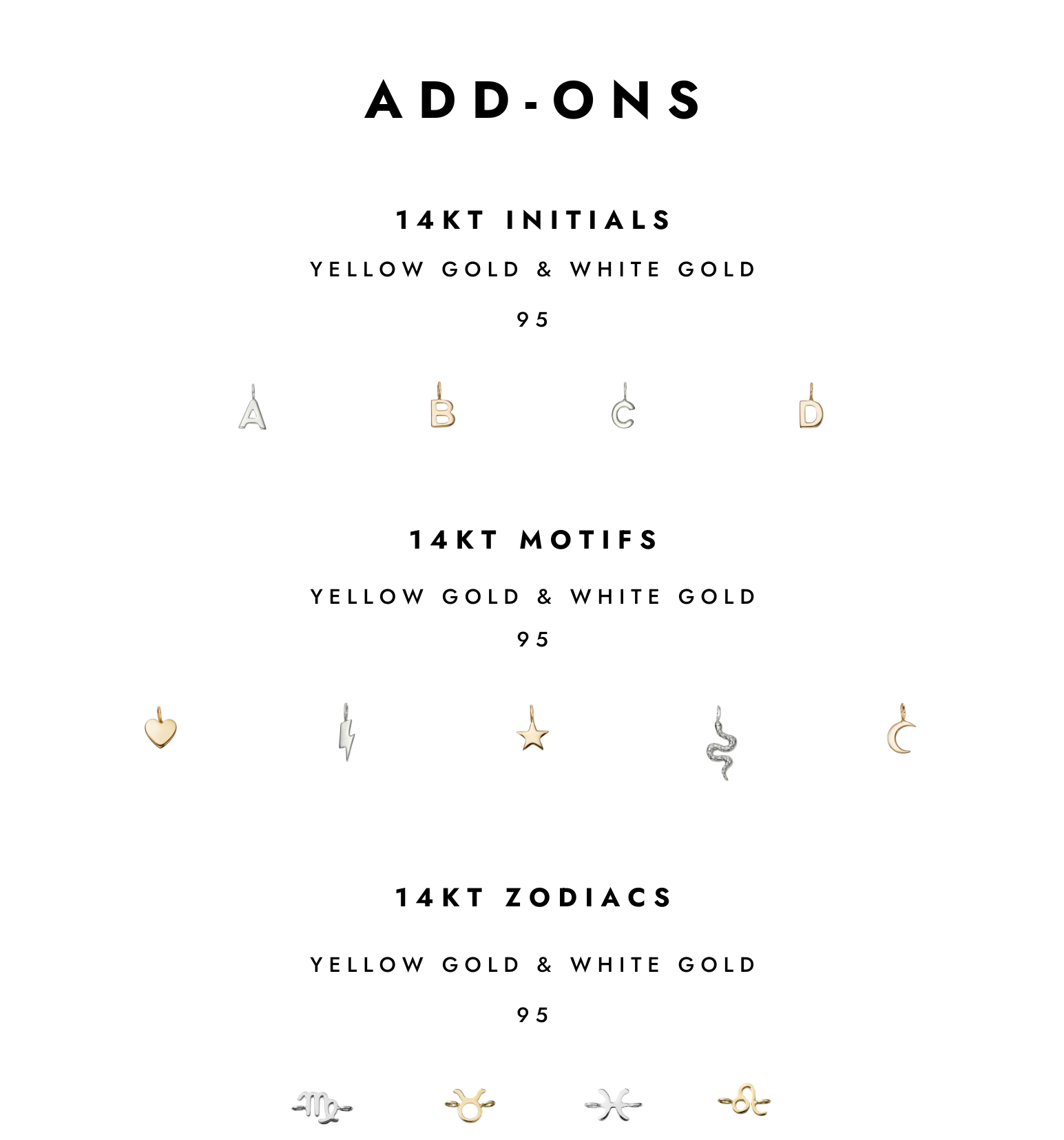 Brave Daughters permanent jewelry add-ons chart featuring 14k gold initials, zodiac signs, and symbolic motifs like hearts, stars, lightning bolts, and snakes — available in yellow and white gold for $95 each.