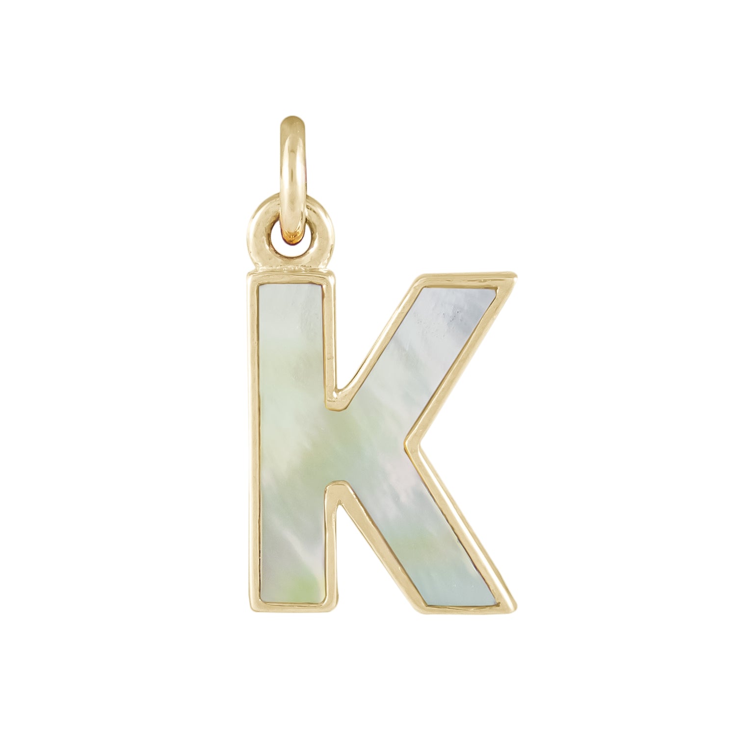 Mother of Pearl initial pendant featuring the letter "K" in hand-cut 9KT yellow gold, designed for personalization and wear on chains.