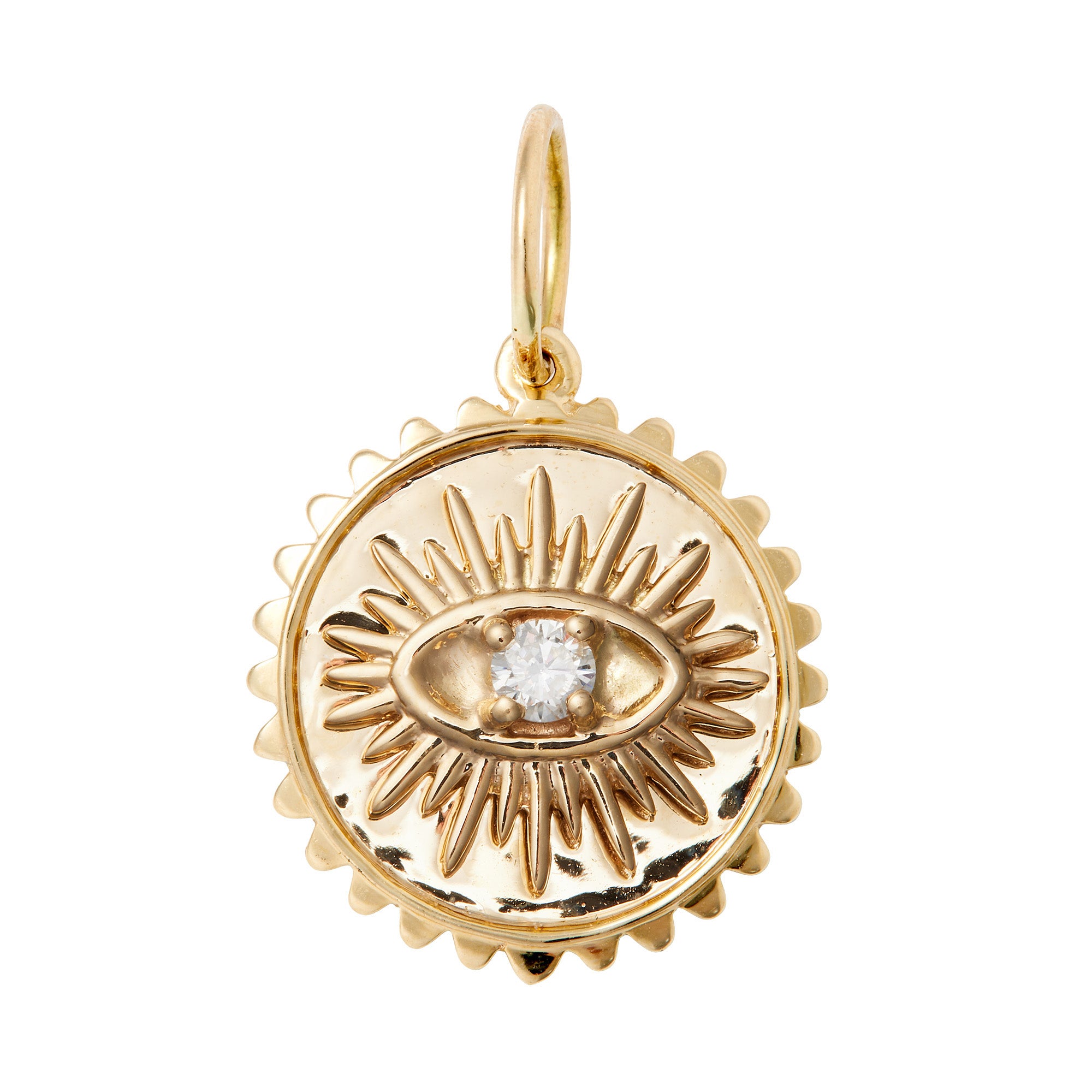 Evil Eye Diamond Sunburst Coin pendant in solid 14k yellow gold with 0.07ct diamond, showcasing unique design and protective qualities.