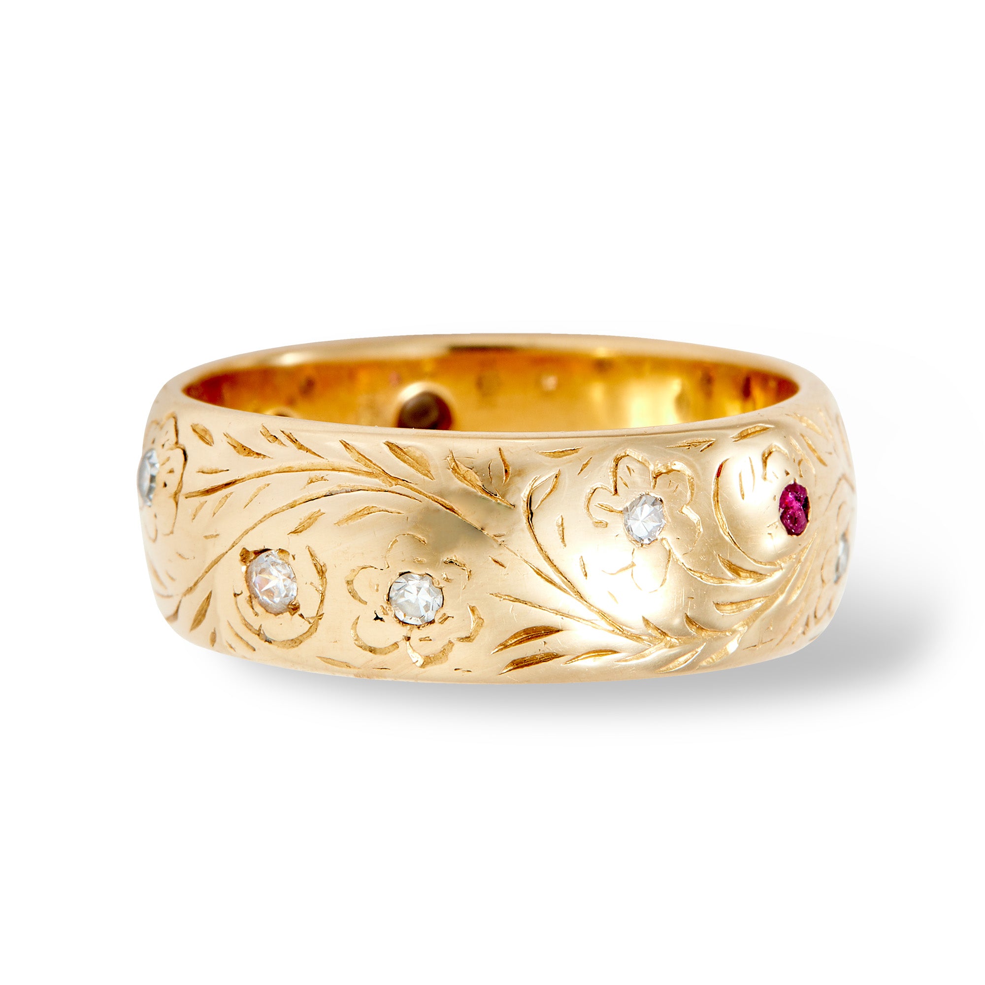 Vintage 14K Diamond & Ruby Etched Floral Band