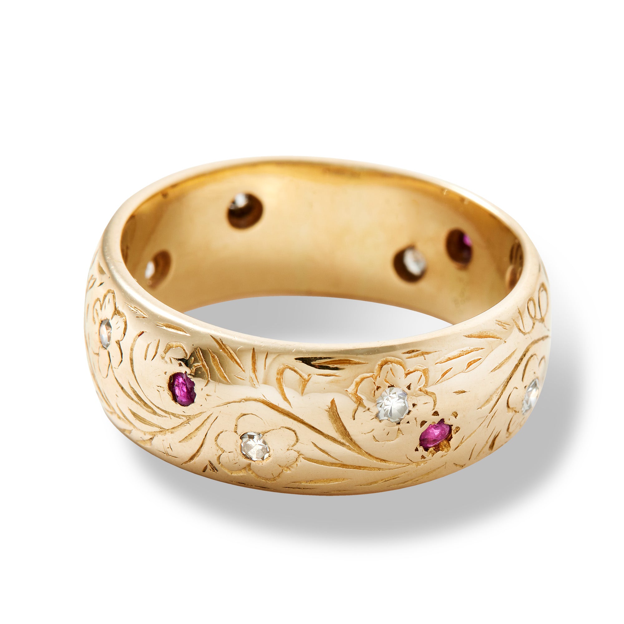 Vintage 14K Diamond & Ruby Etched Floral Band