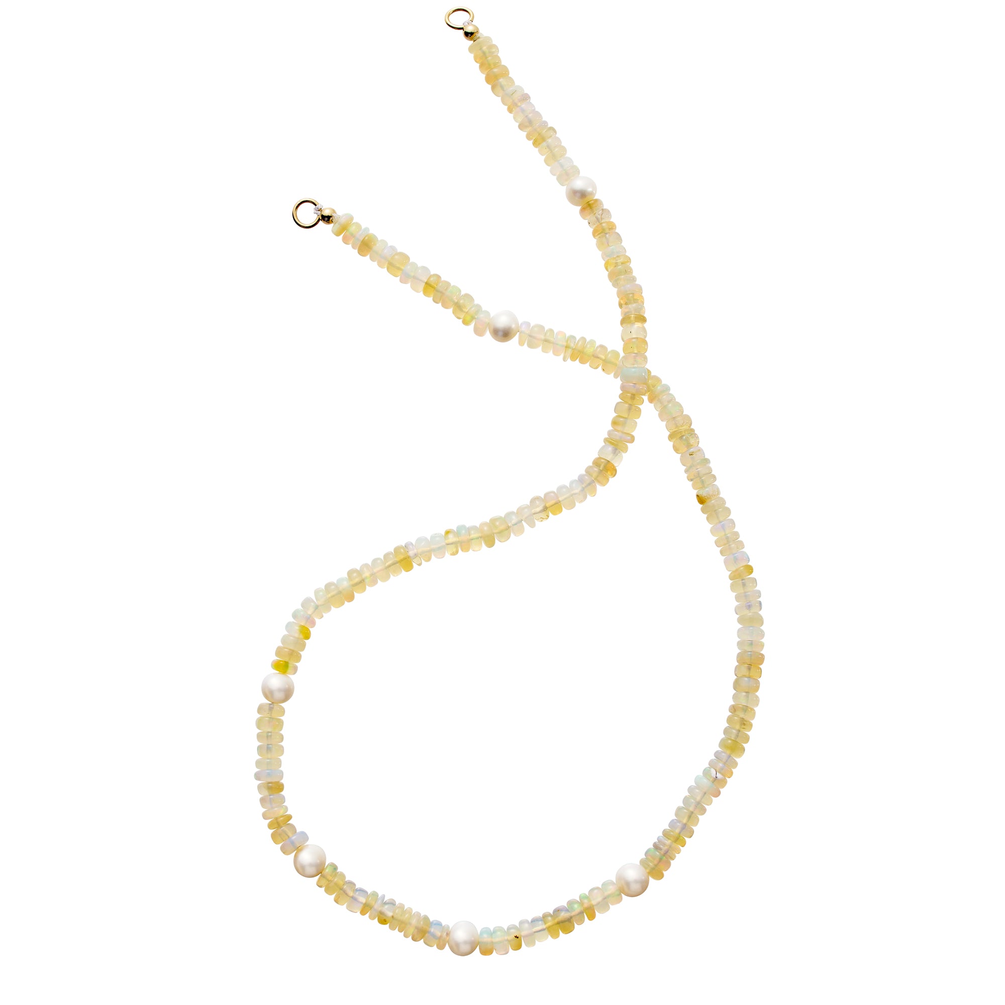 Beaded necklace featuring yellow and white gemstones with pearl accents, elegantly displayed against a white background.