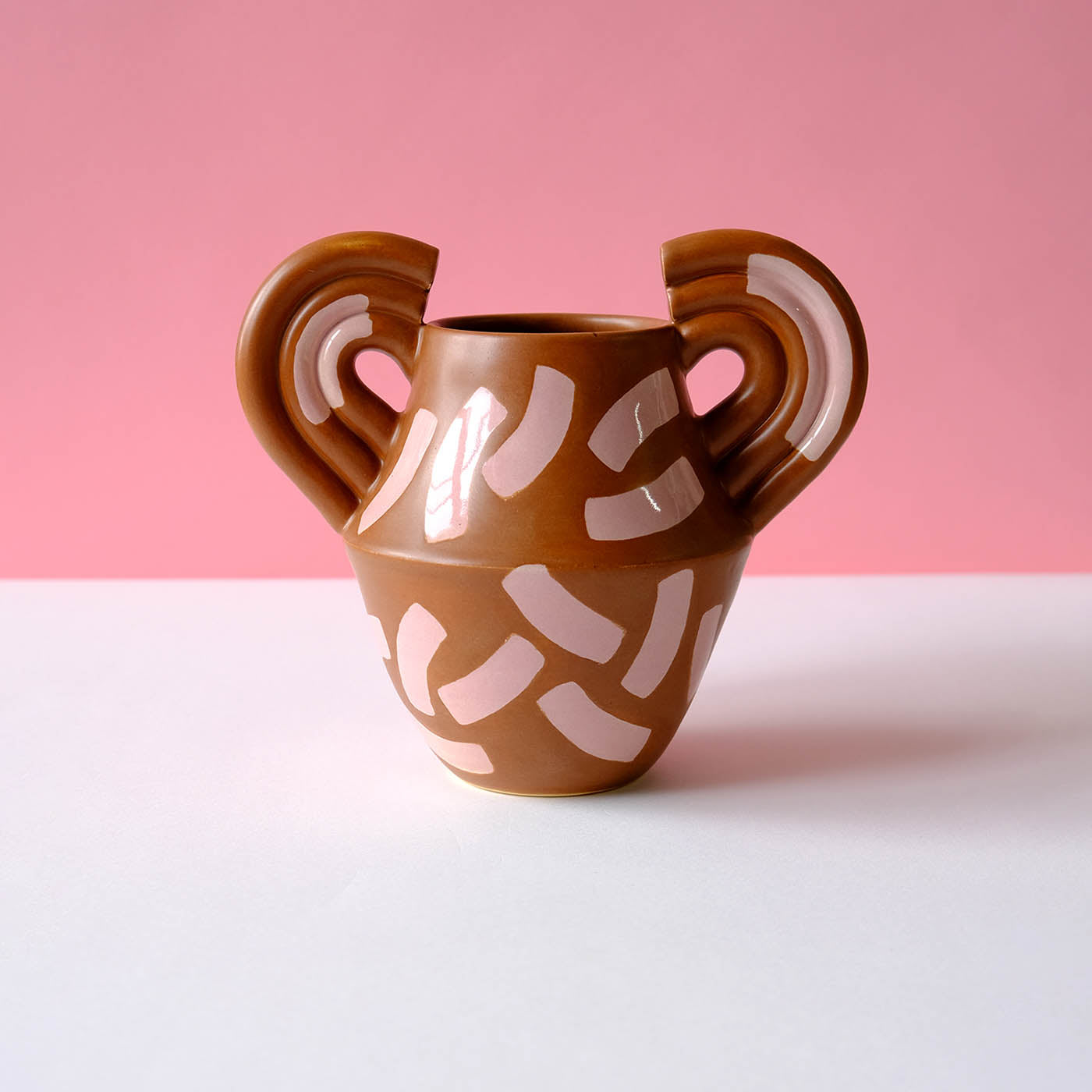 Hazelnut vase with dusty rose shapes, handcrafted ceramic design, artistic home decor, Brave Daughters.