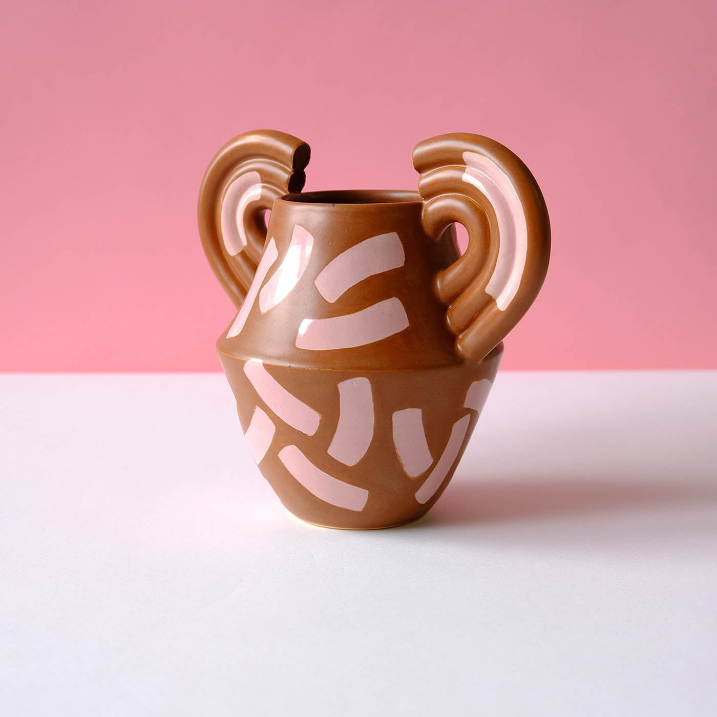 Hazelnut vase with dusty rose shapes, handcrafted ceramic design, artistic home decor, Brave Daughters.