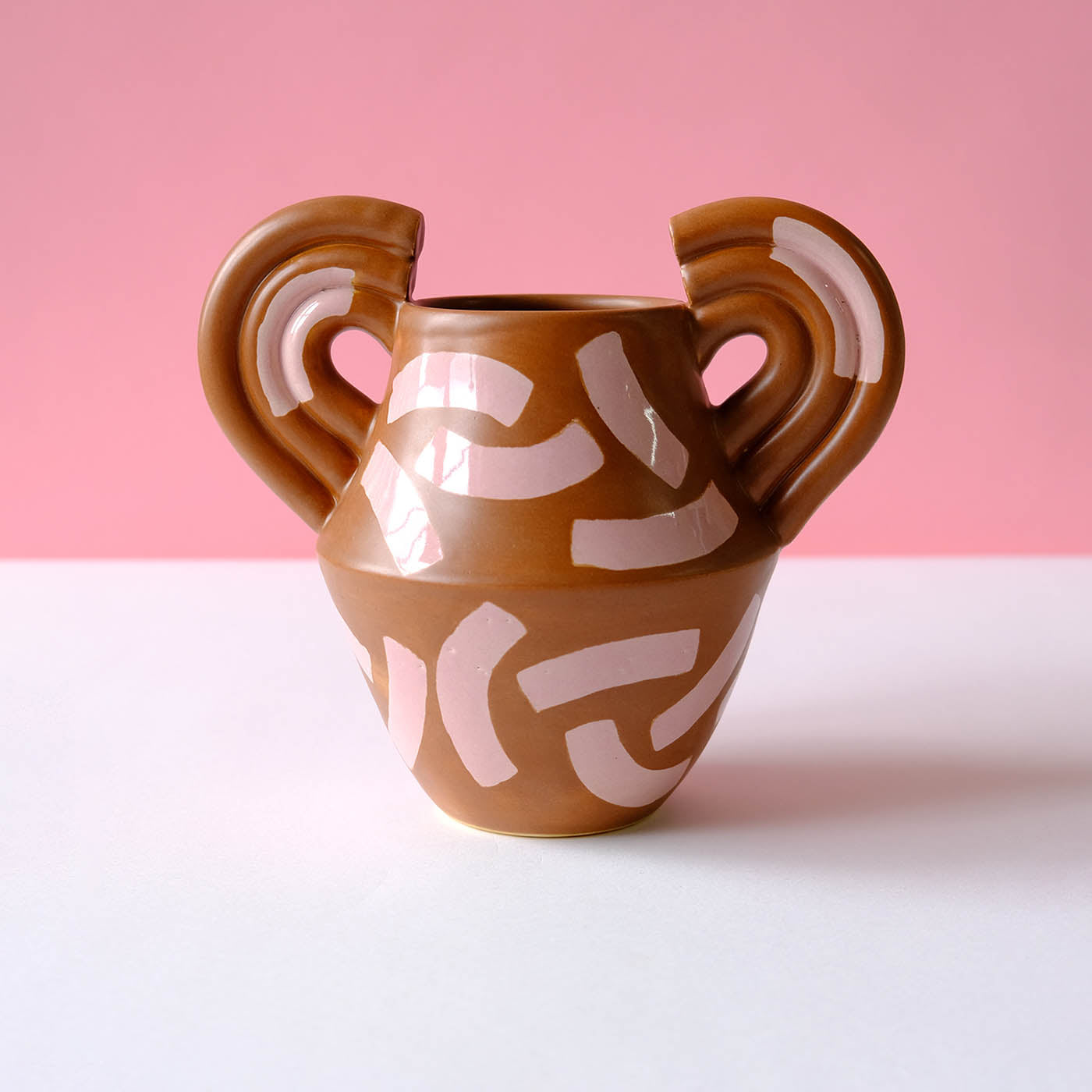 Hazelnut vase with dusty rose shapes, handcrafted ceramic design, artistic home decor, Brave Daughters.