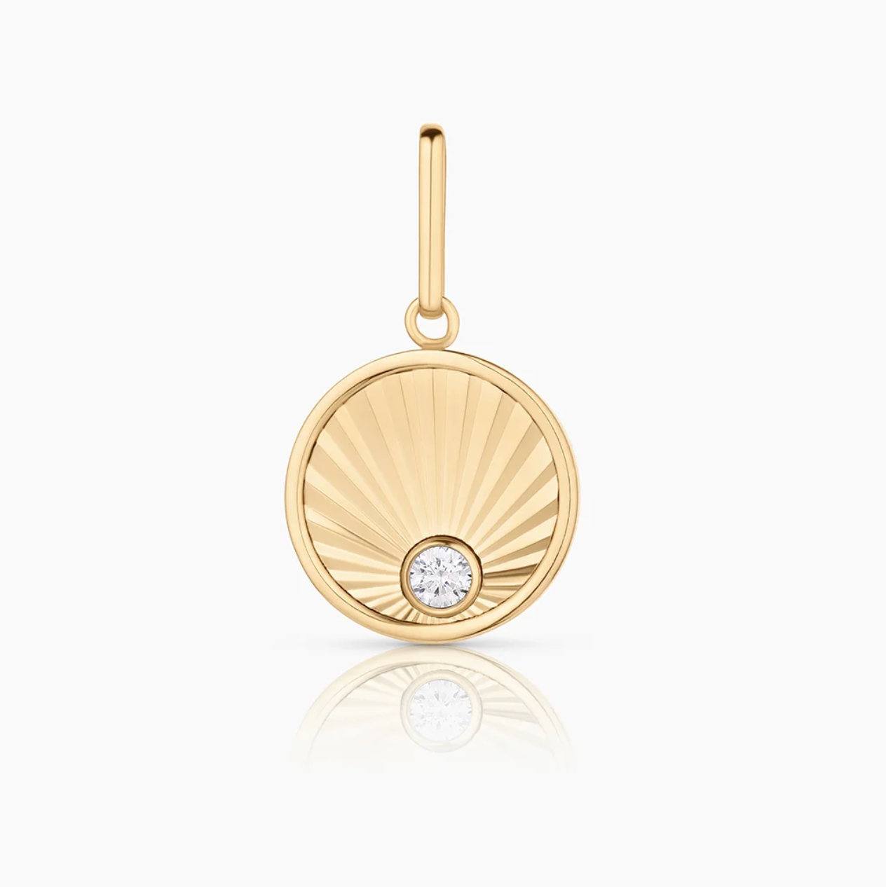 14k gold plated small coin charm with off-center cubic zirconia, vintage-inspired Art Deco geometric design, 15mm x 2mm.