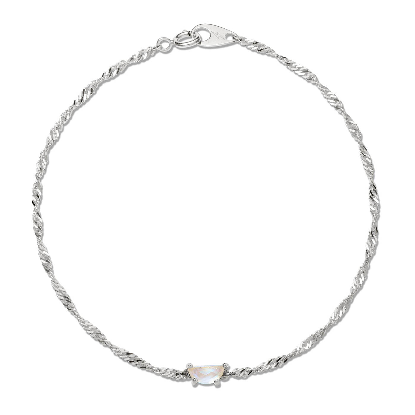 Brave Daughters white gold bracelet featuring a half-moon moonstone charm on our thick helix chain — a handcrafted, customizable fine jewelry piece perfect for meaningful gifting or permanent wear.