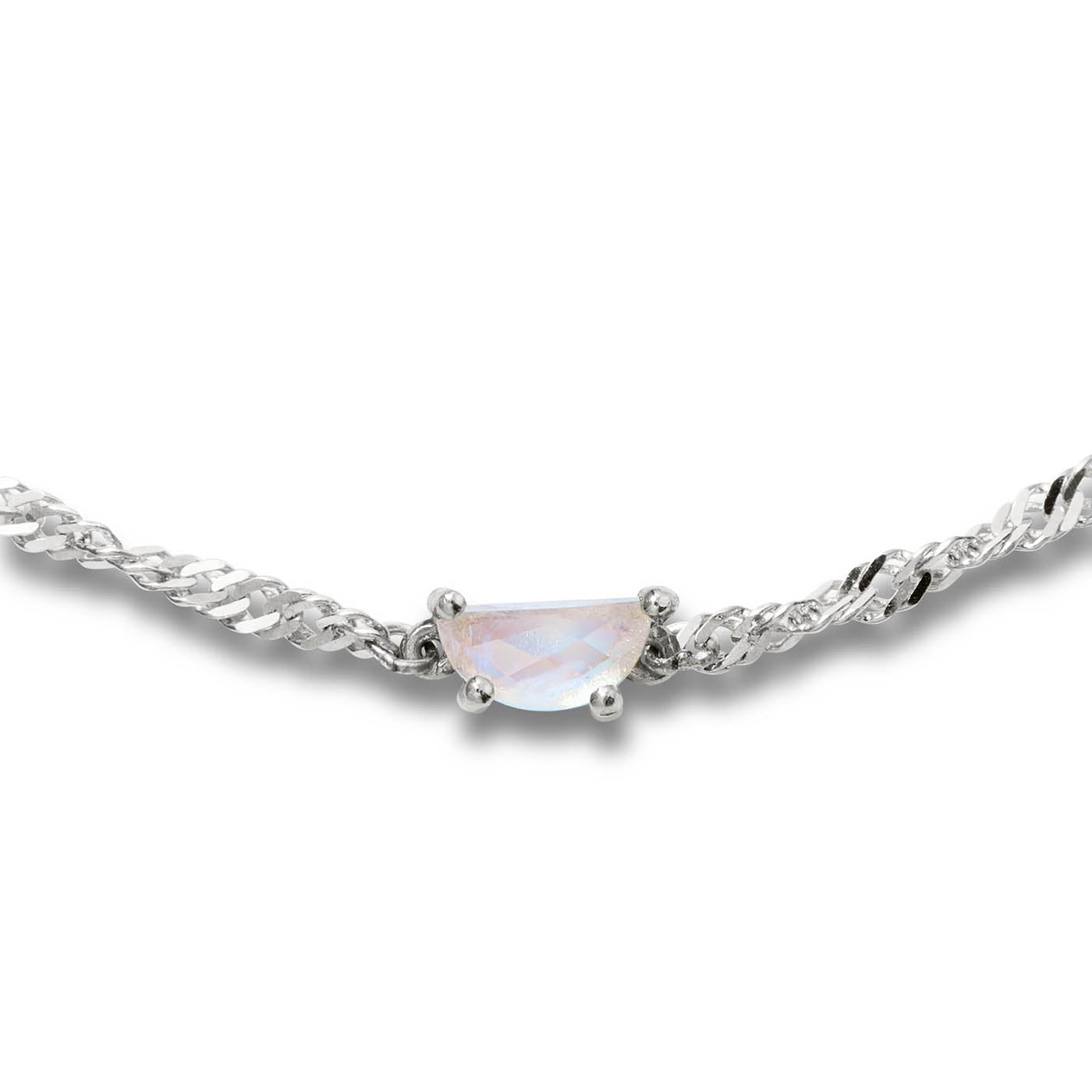 Brave Daughters white gold bracelet featuring a half-moon moonstone charm on our thick helix chain — a handcrafted, customizable fine jewelry piece perfect for meaningful gifting or permanent wear.