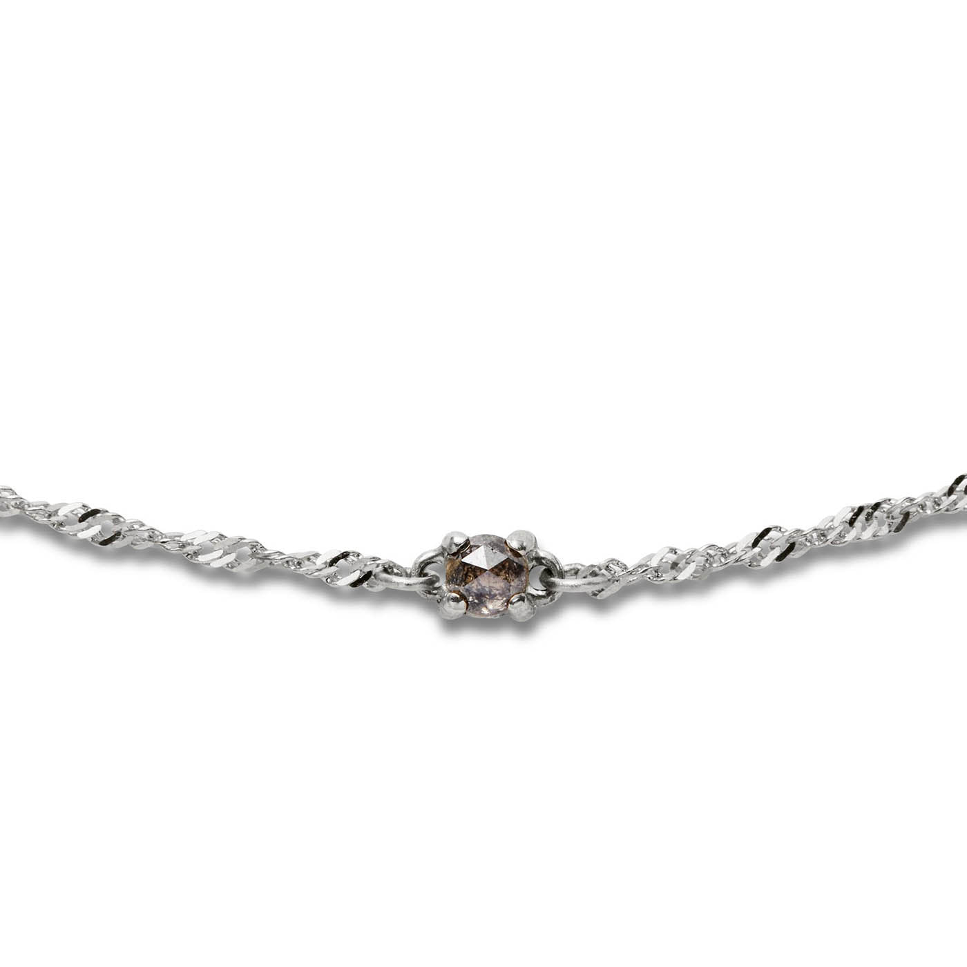 Brave Daughters white gold necklace featuring a round champagne diamond on a thin helix chain — handcrafted jewelry designed for everyday elegance and custom gifting.