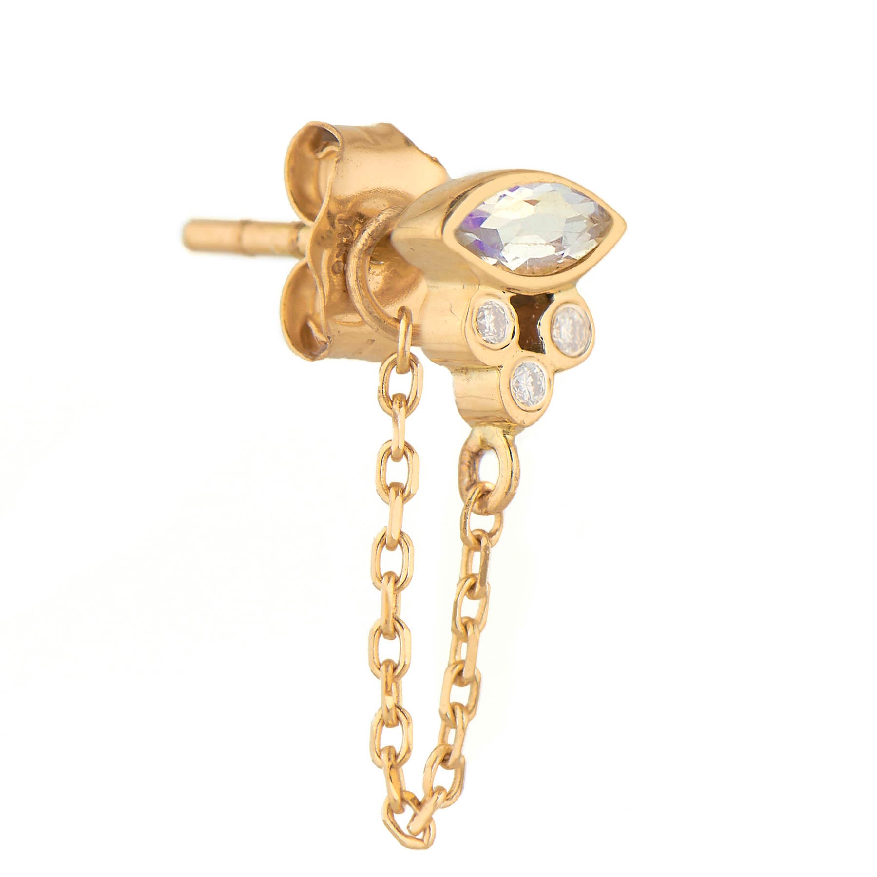 Moonstone Marquise & Diamond Single Stud Chain Earring