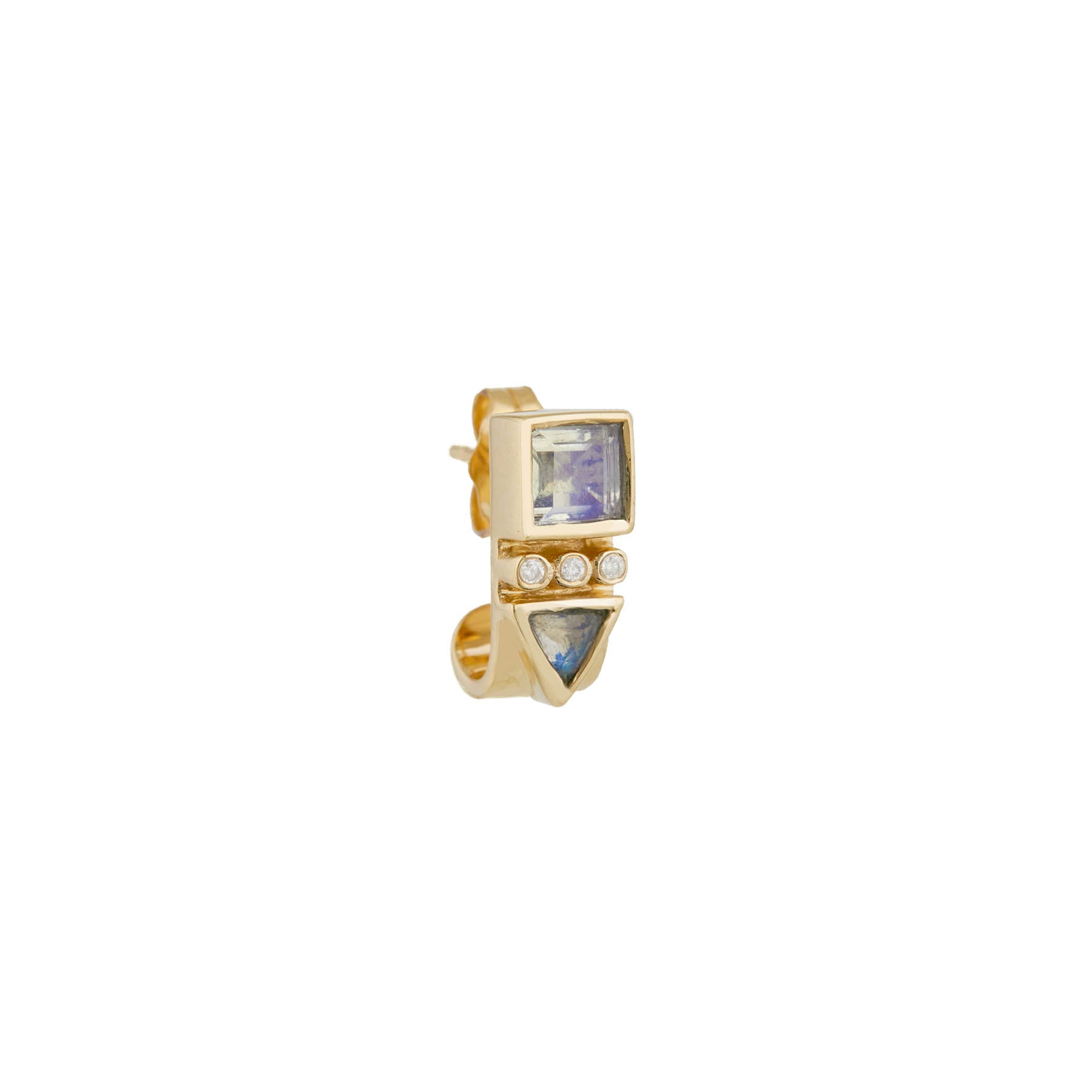 Totem Moonstone and Diamond Single Cuff Stud Earring featuring a square moonstone, triangular diamond, and three small diamonds set in gold, symbolizing feminine energy and protection.