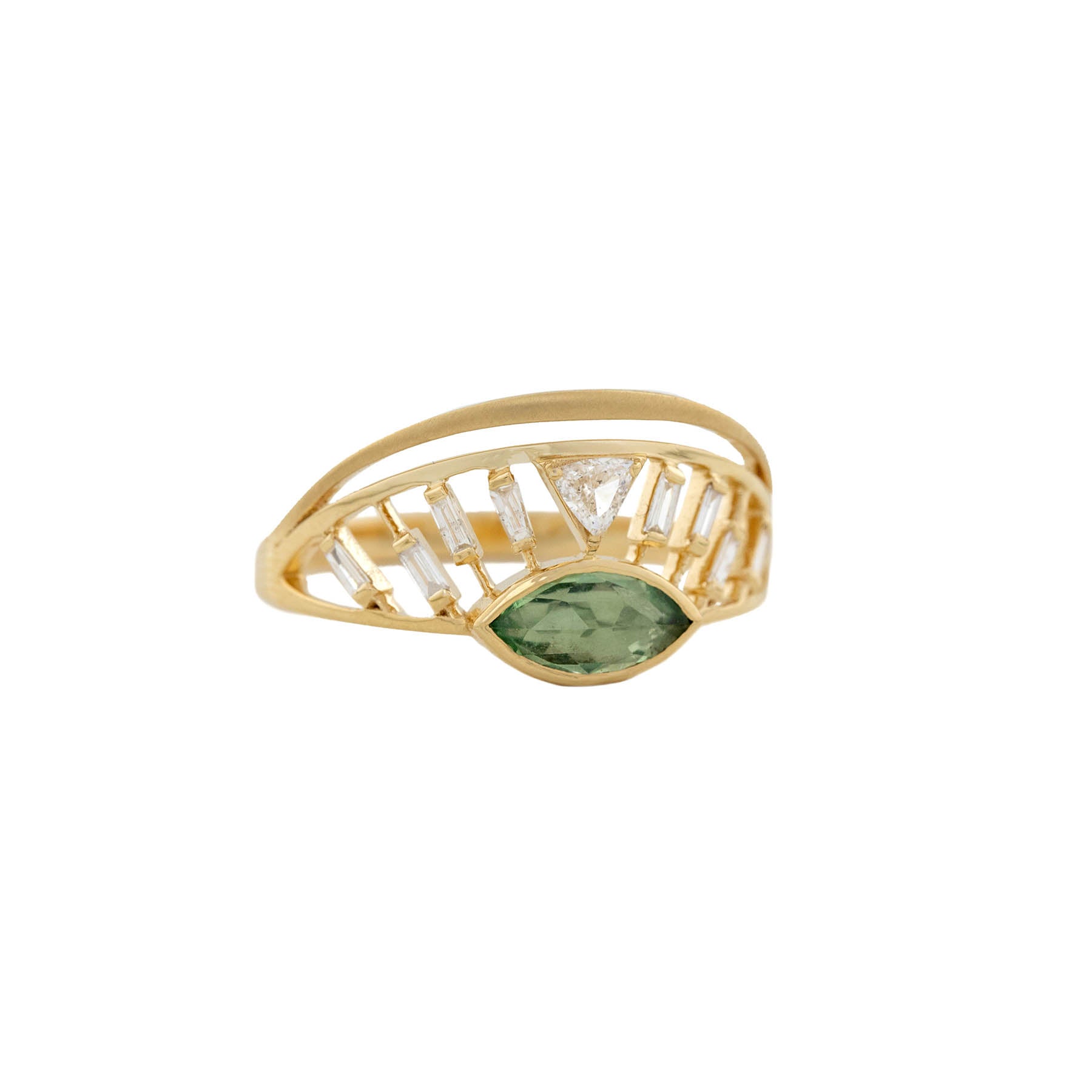 14K gold ring featuring a central green tourmaline and diamond accents, designed with an open eye crown motif.