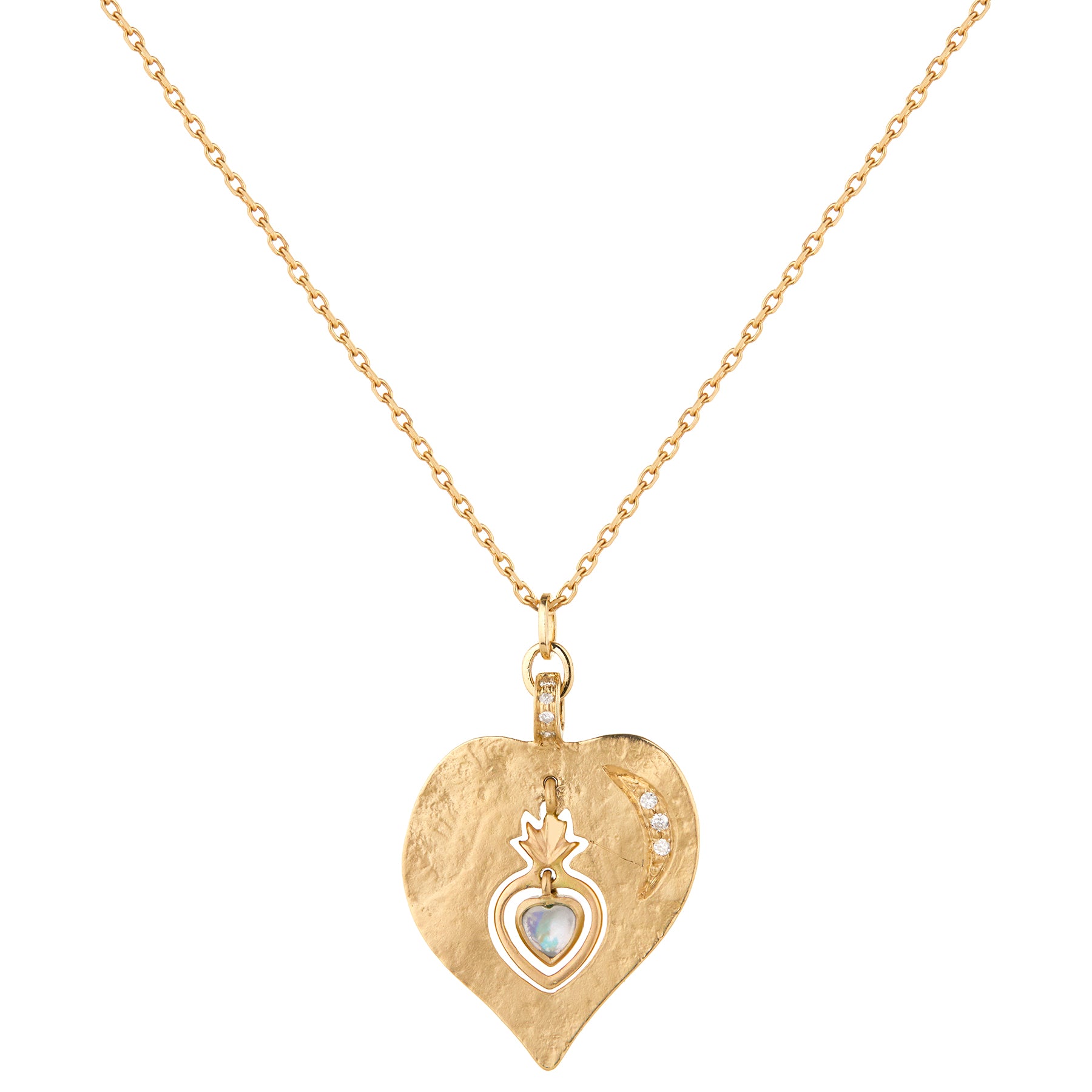 Twin Flame Medal & Dangling Moonstone Heart Chain Necklace
