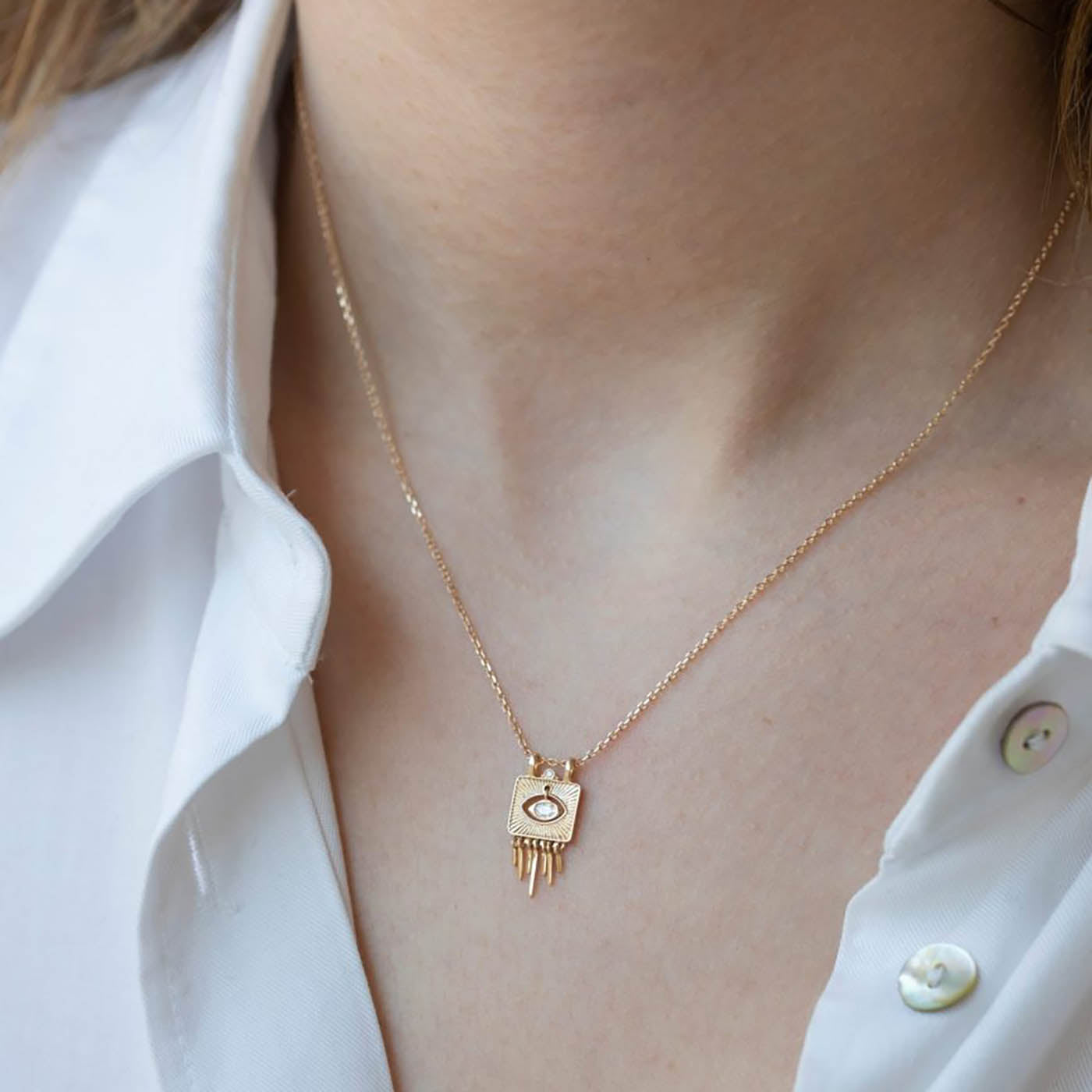 Solid Gold Plate with Sunbeams & Dangling Diamond Eye Chain Necklace
