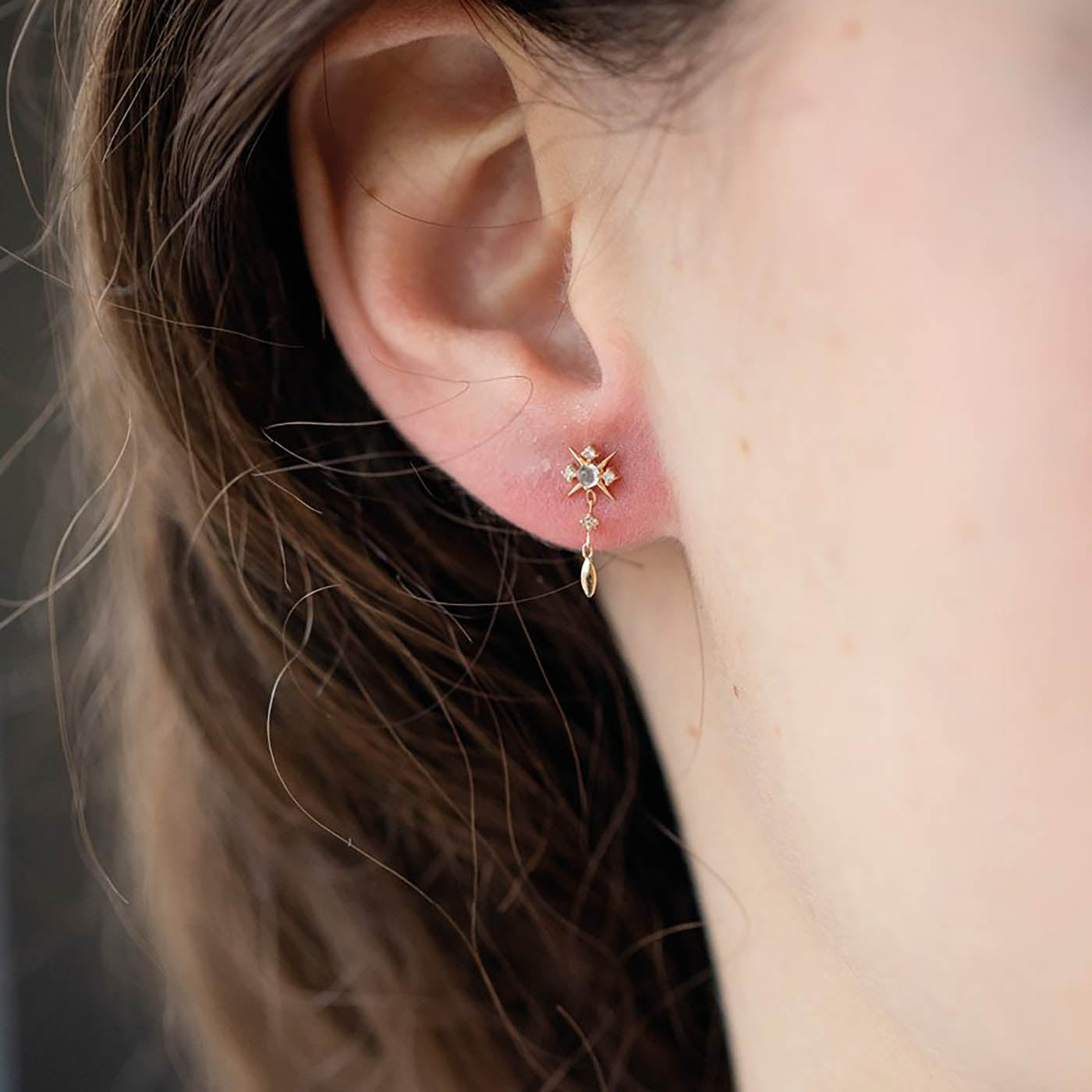 Moonstone & Diamond Starburst Single Stud Dangle Earring