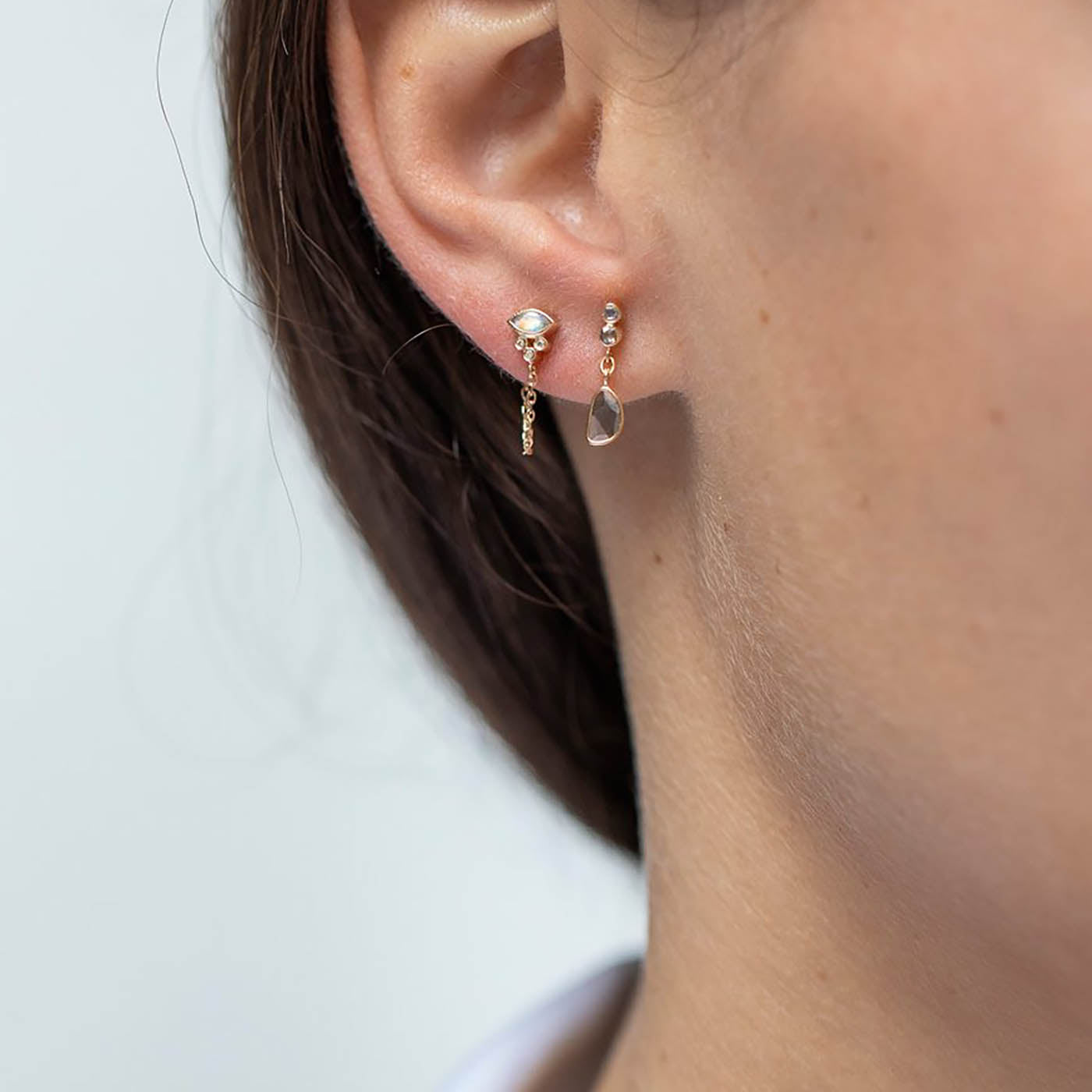 Moonstone Marquise & Diamond Single Stud Chain Earring
