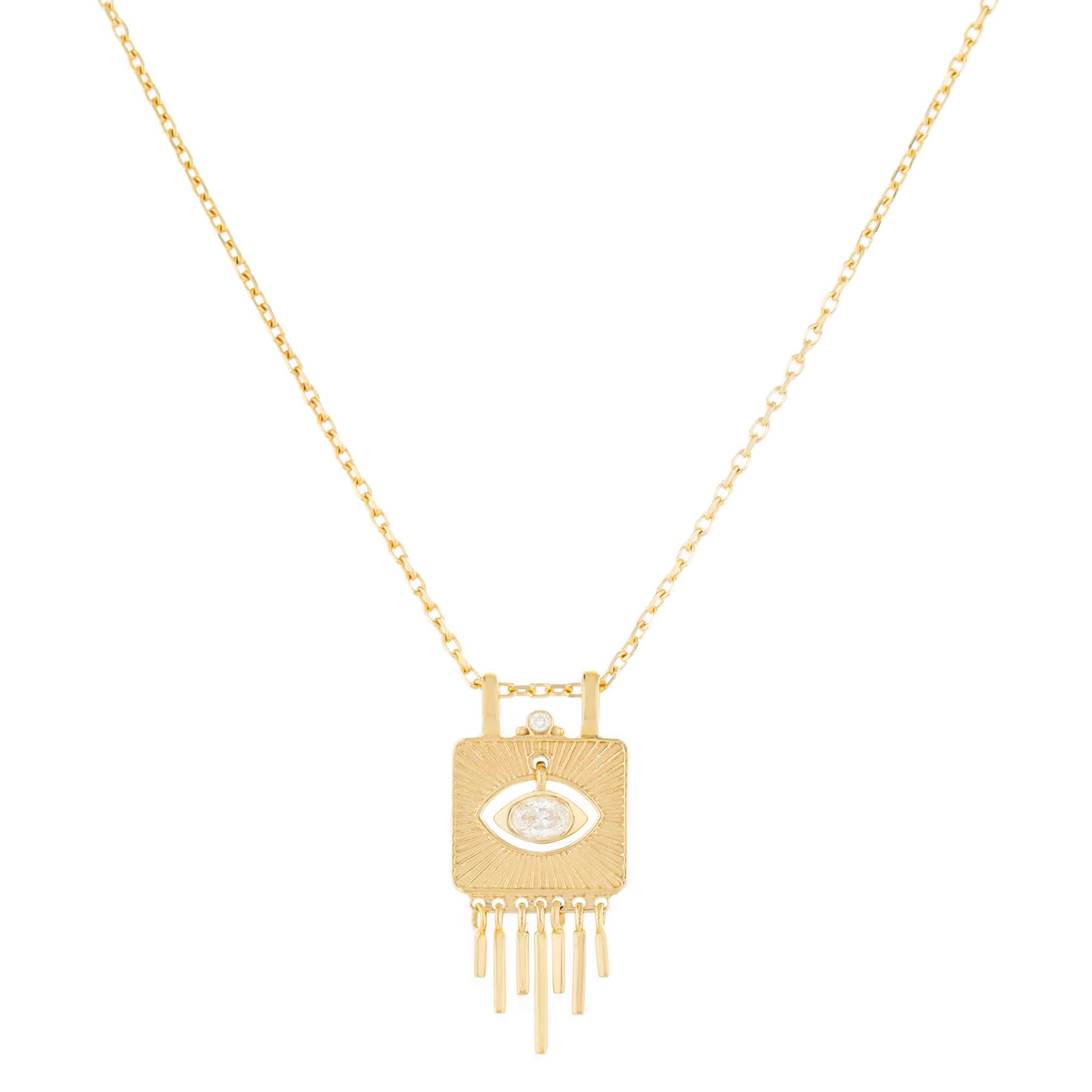 Solid Gold Plate with Sunbeams & Dangling Diamond Eye Chain Necklace