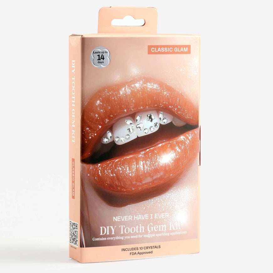 Classic Glam DIY Tooth Gem Kit packaging featuring sparkling tooth gems on a model's lips, highlighting dental aesthetics and personal enhancement.