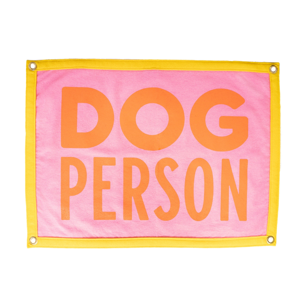 Pink banner with 'DOG PERSON' text on a white background