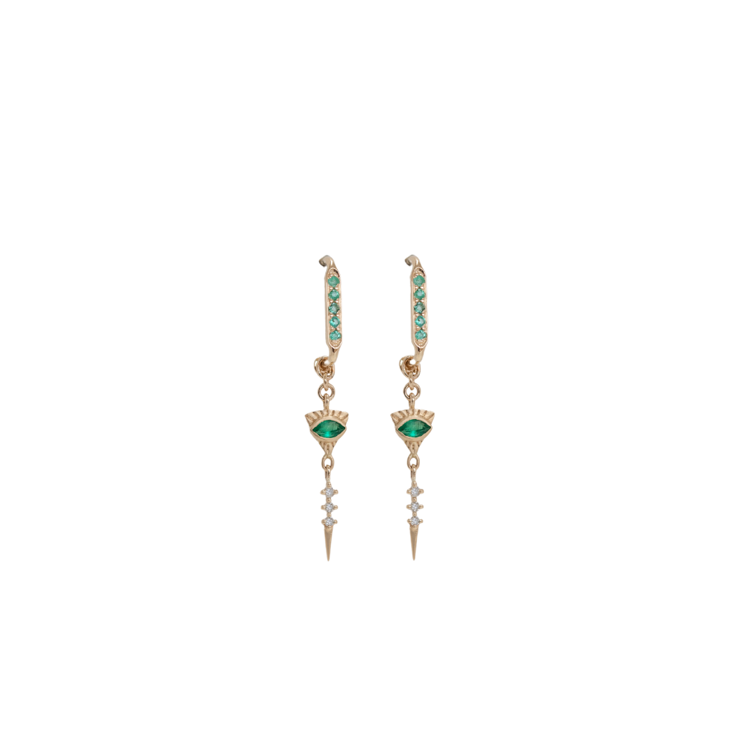"14K solid yellow gold earrings with 0.16 ct emeralds and 0.03 ct dangling diamonds — 3 cm long with butterfly backs, sold as a pair; emeralds symbolize love, harmony, and compassion.