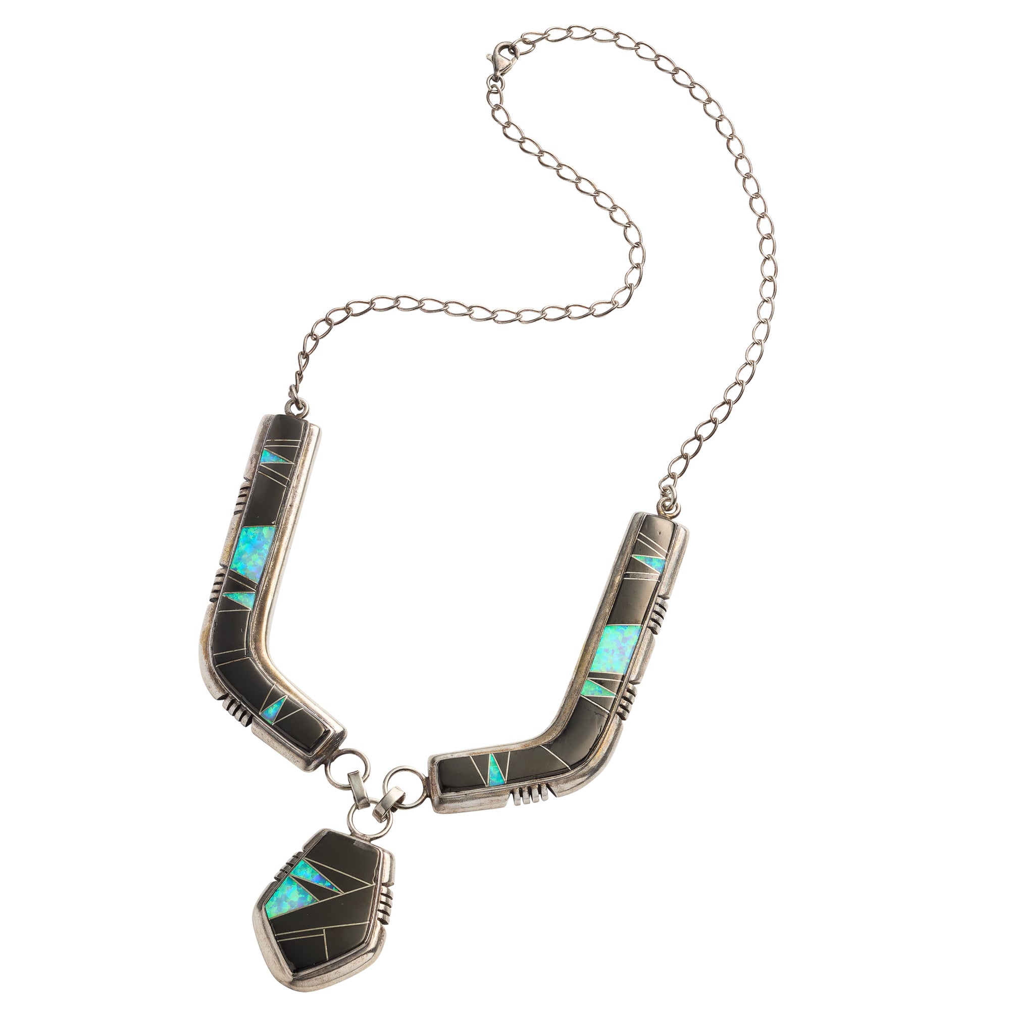 Sterling Silver Opal and Jet Inlay Necklace