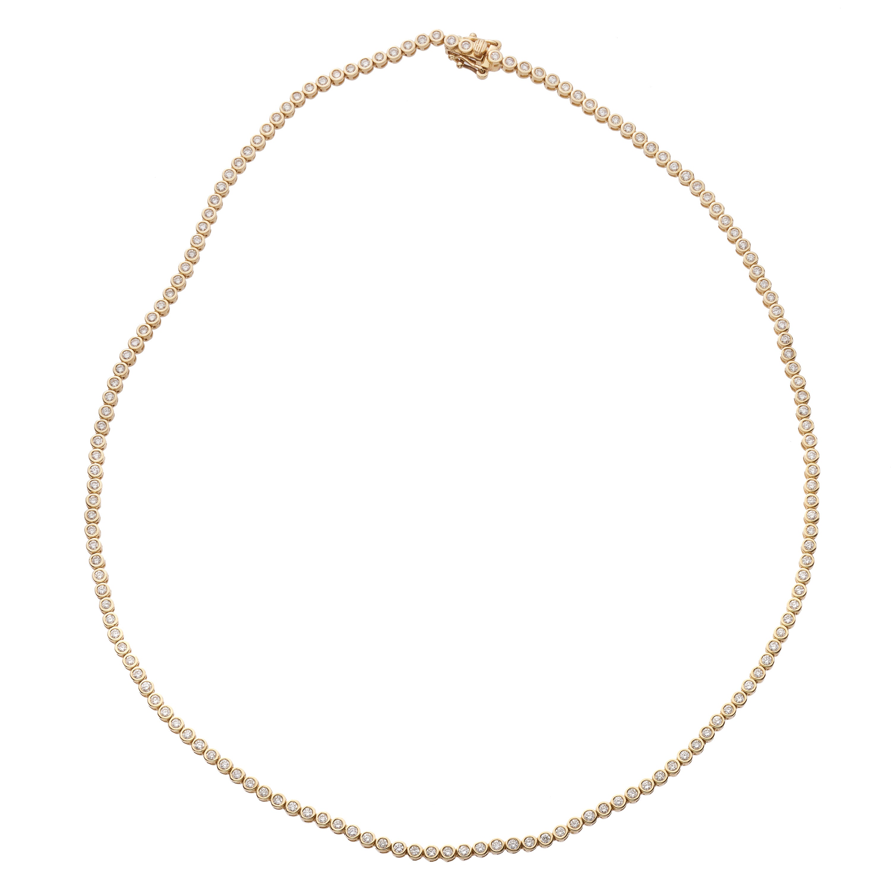 Bezel set diamond tennis necklace in solid 14K yellow gold featuring 153 diamonds totaling 3 carats, showcasing a modern design.