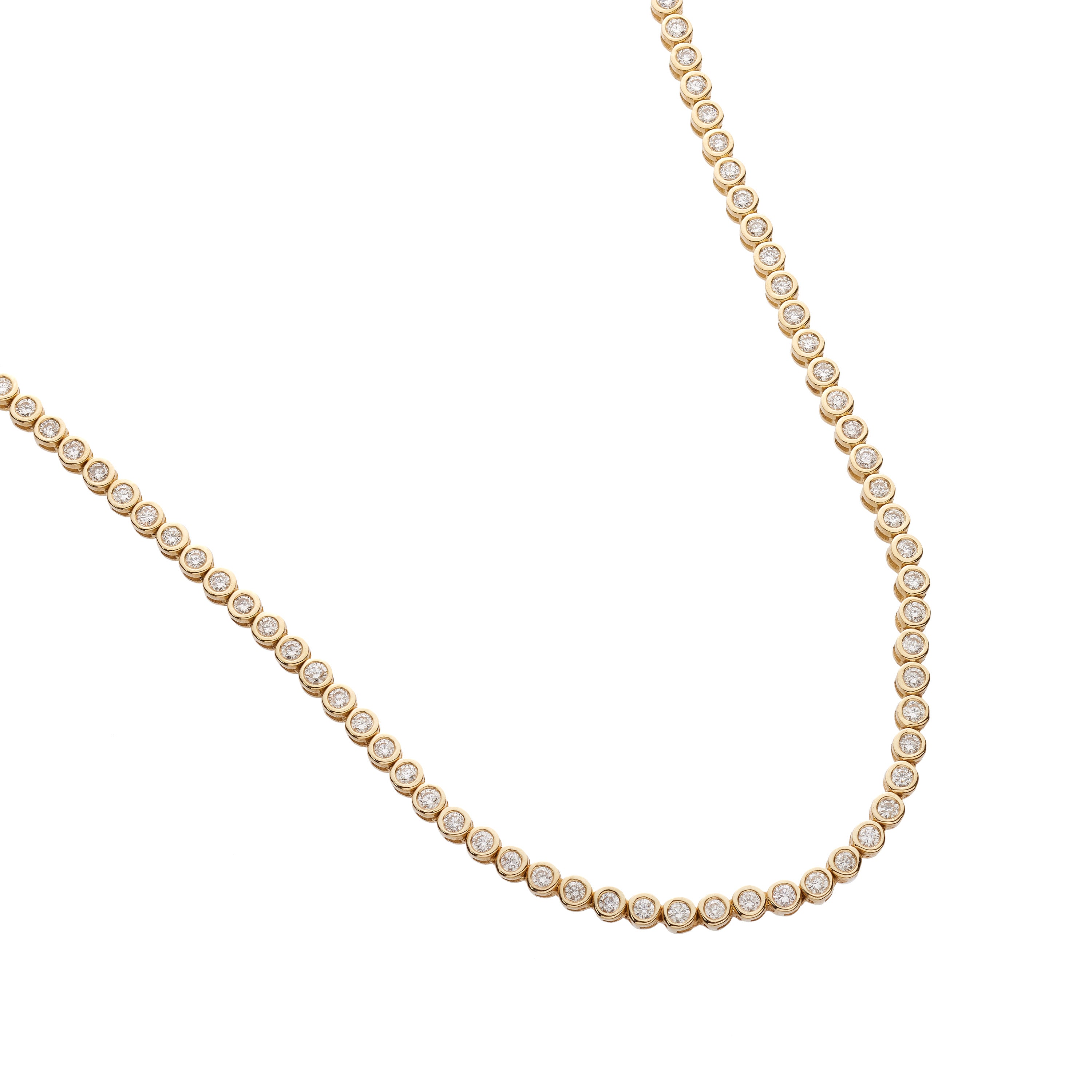 Bezel set diamond tennis necklace in solid 14K yellow gold featuring 153 diamonds totaling 3 carats, showcasing modern elegance.