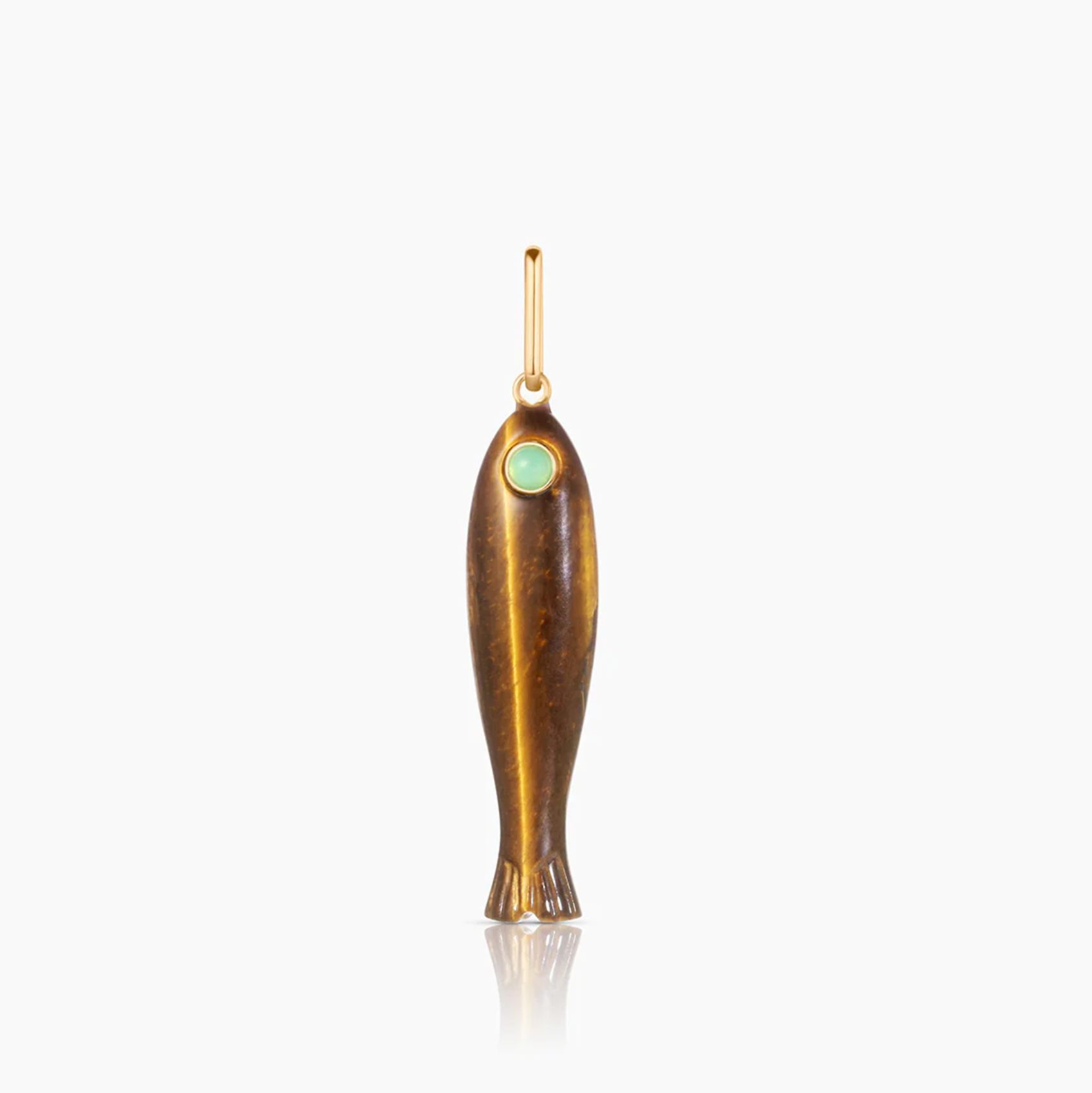 14k gold plated carved tiger's eye fish charm with chrysoprase eye