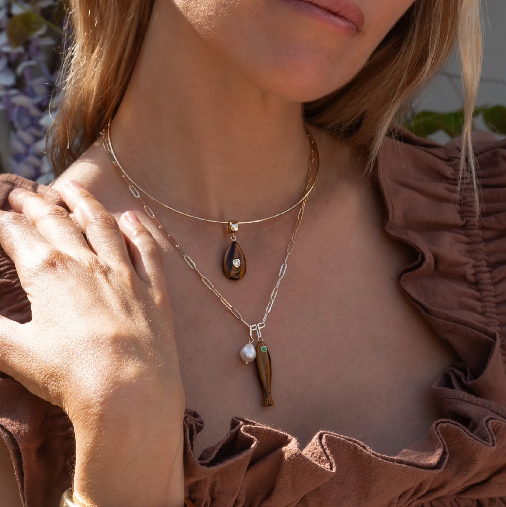 14k gold plated carved tiger's eye fish charm with chrysoprase eye