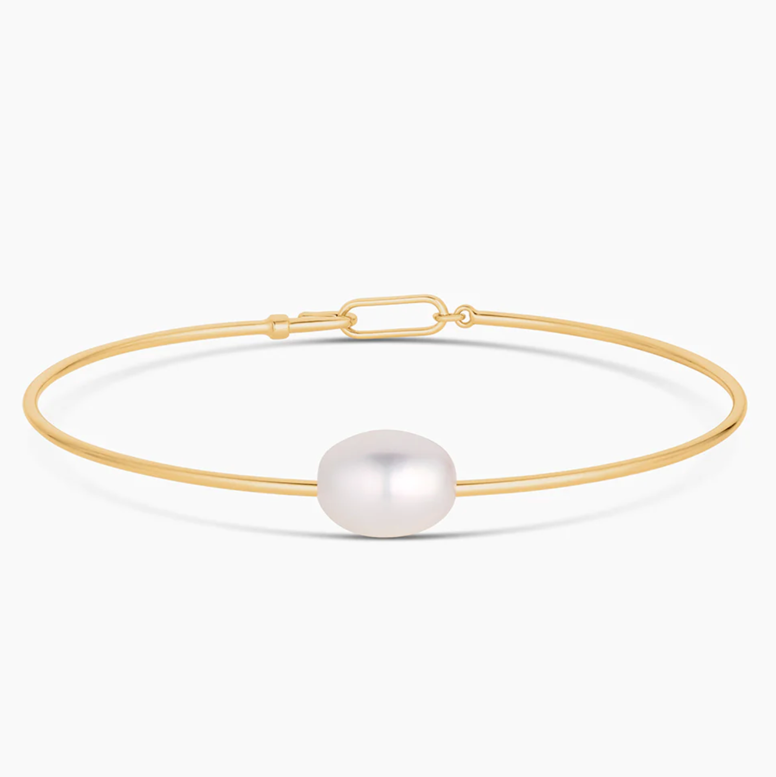 14k gold or rhodium plated bangle bracelet with single freshwater pearl and lobster clasp, 6.5-inch minimalist stacking accessory.