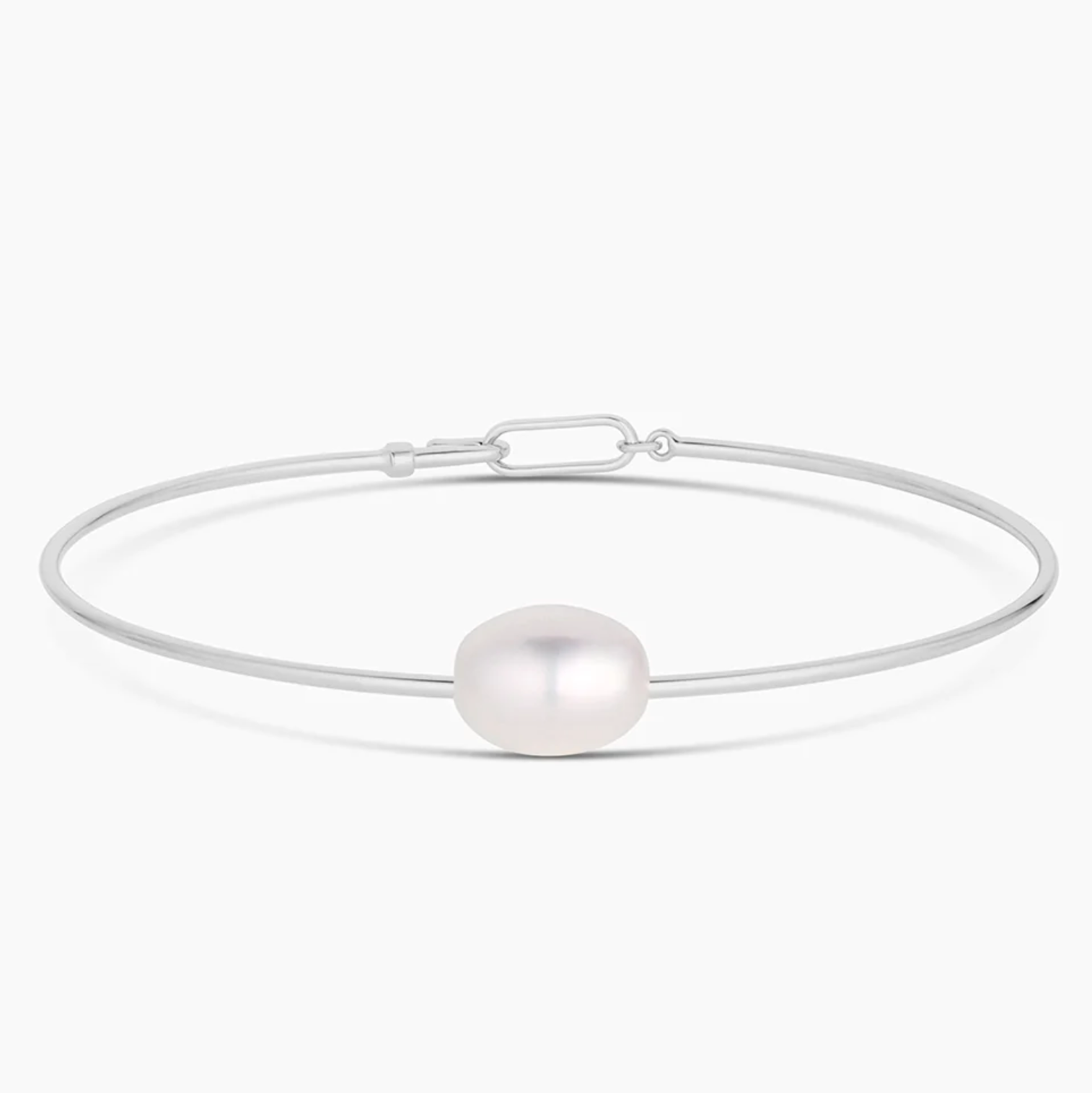 14k gold or rhodium plated bangle bracelet with single freshwater pearl and lobster clasp, 6.5-inch minimalist stacking accessory.