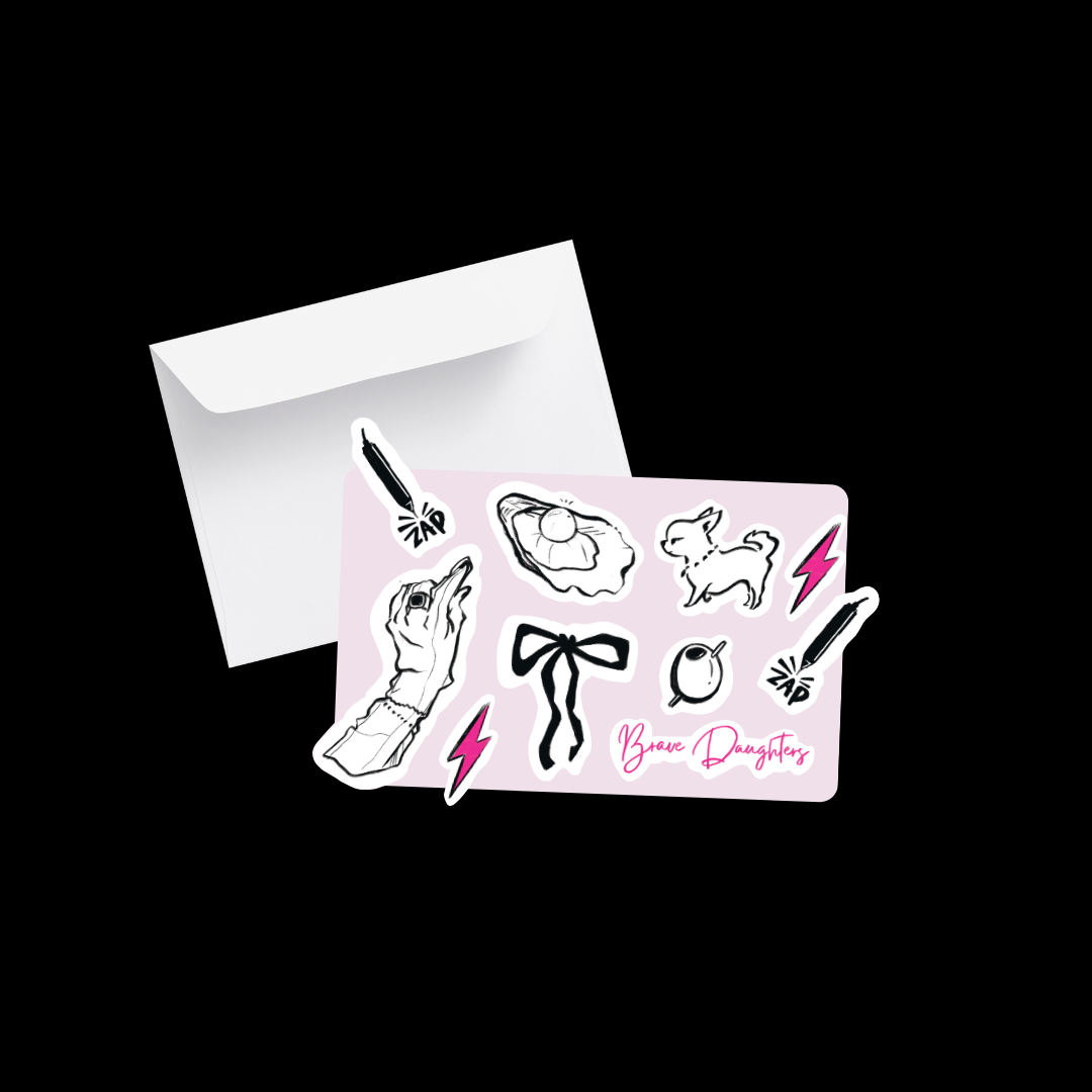 Brave Daughters gift card design featuring bold text on a black background, promoting online and in-store use, with decorative elements including a bow and a zap symbol.