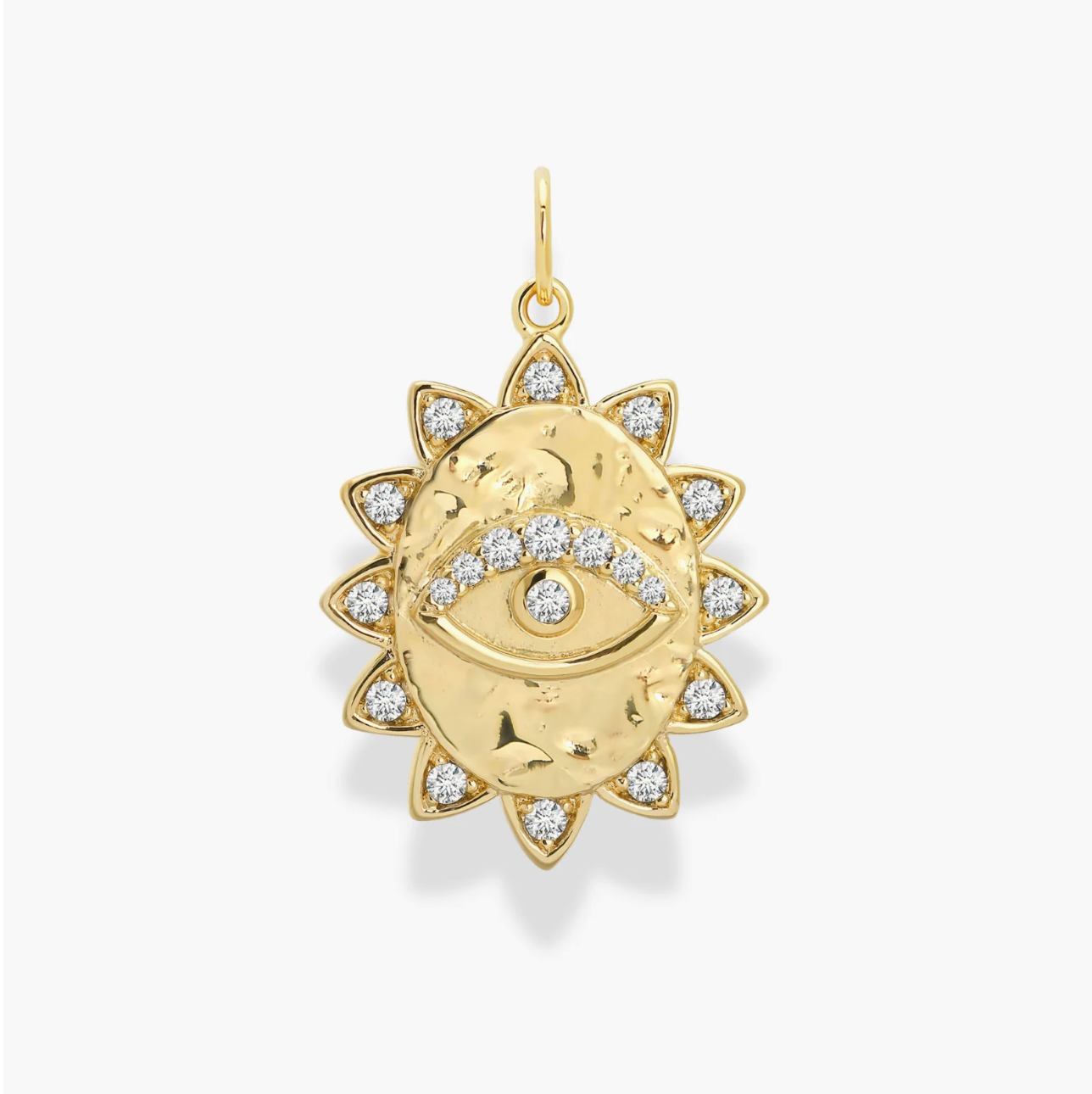 Gold Plate Medallion Charm with Evil Eye Motif on white background with cz accents