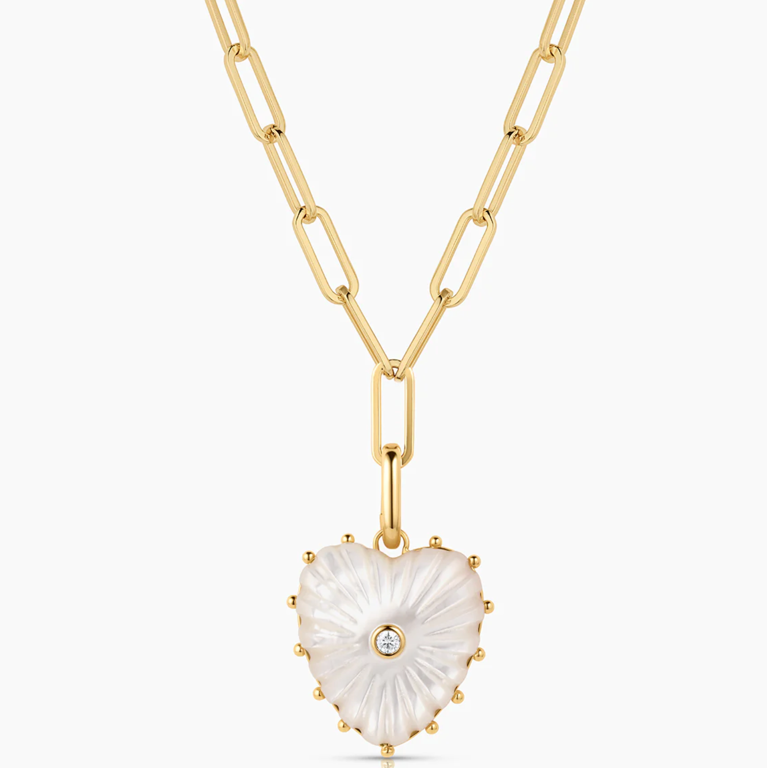 14k gold plated adjustable paperclip chain necklace with removable hand-carved mother of pearl and cubic zirconia Malene heart pendant, 6.5mm links, up to 18 inches.