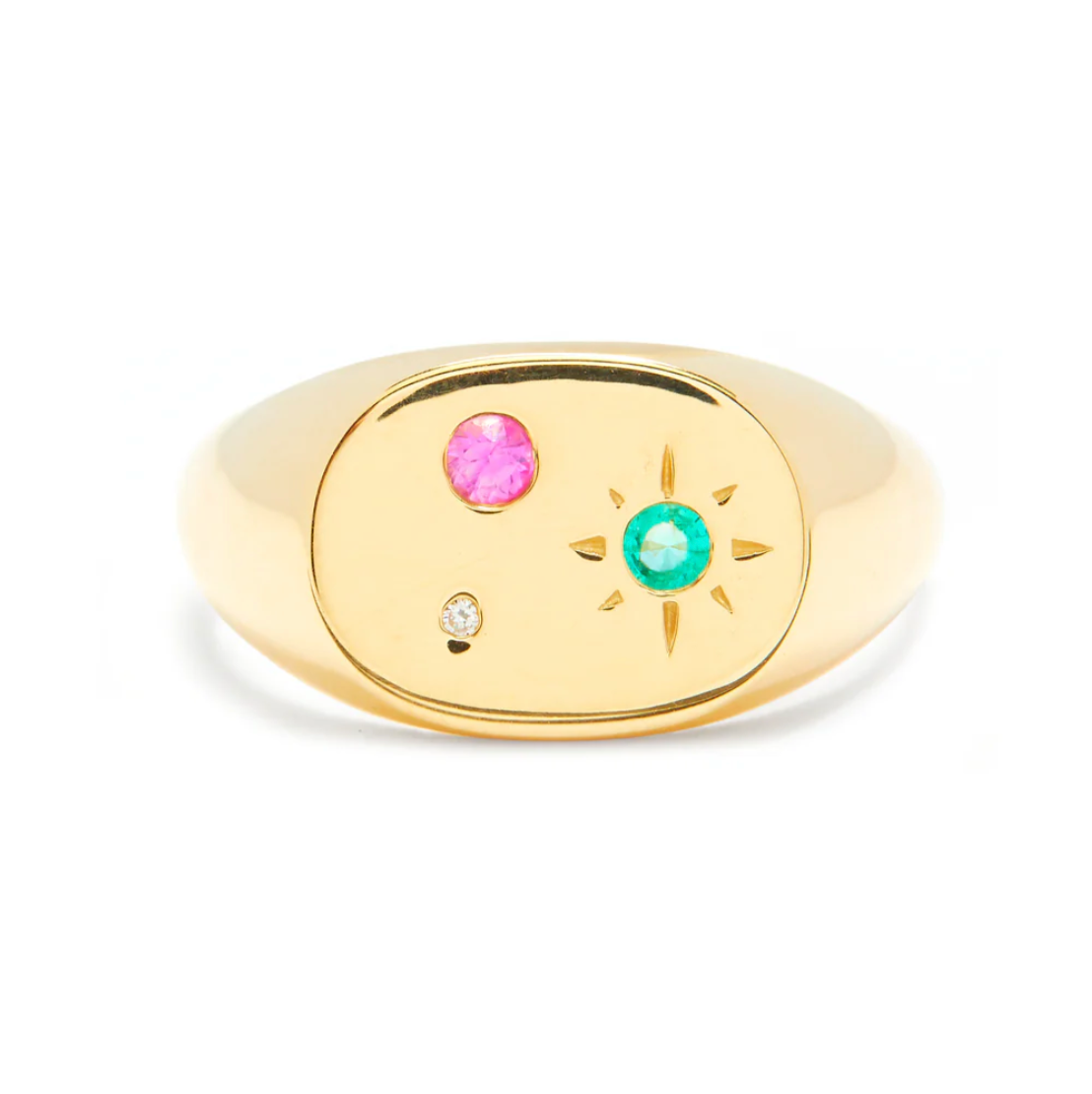 Gold signet ring with ruby, emerald, and pink sapphire gemstones on a white background