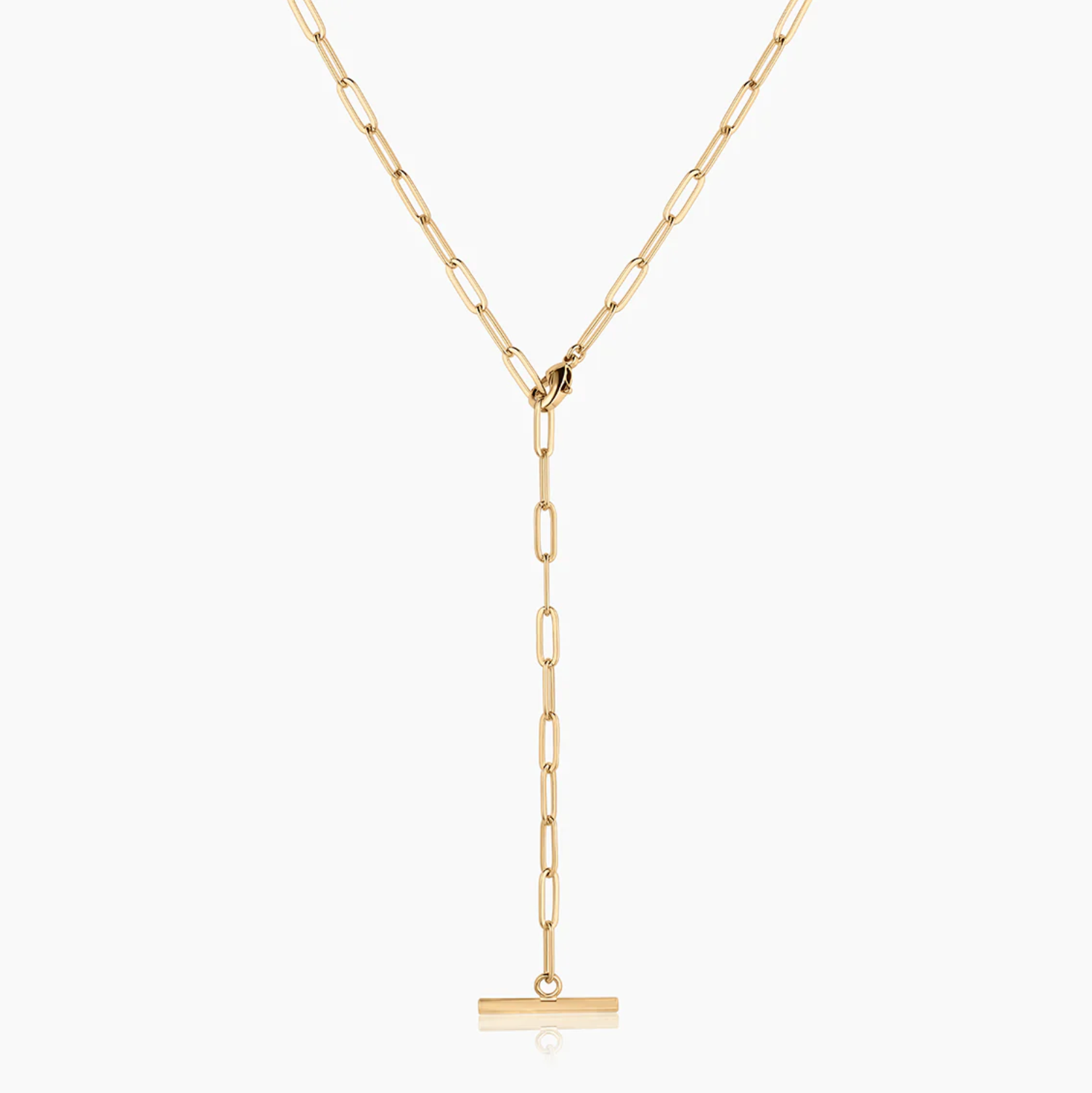 Take the paperclip trend to the next level with this luxe lariat style. Featuring a minimalist bar design, you can clasp it along any link for a customizable look. Wear it short or long, with a classic white tee or mixed into your necklace stack.