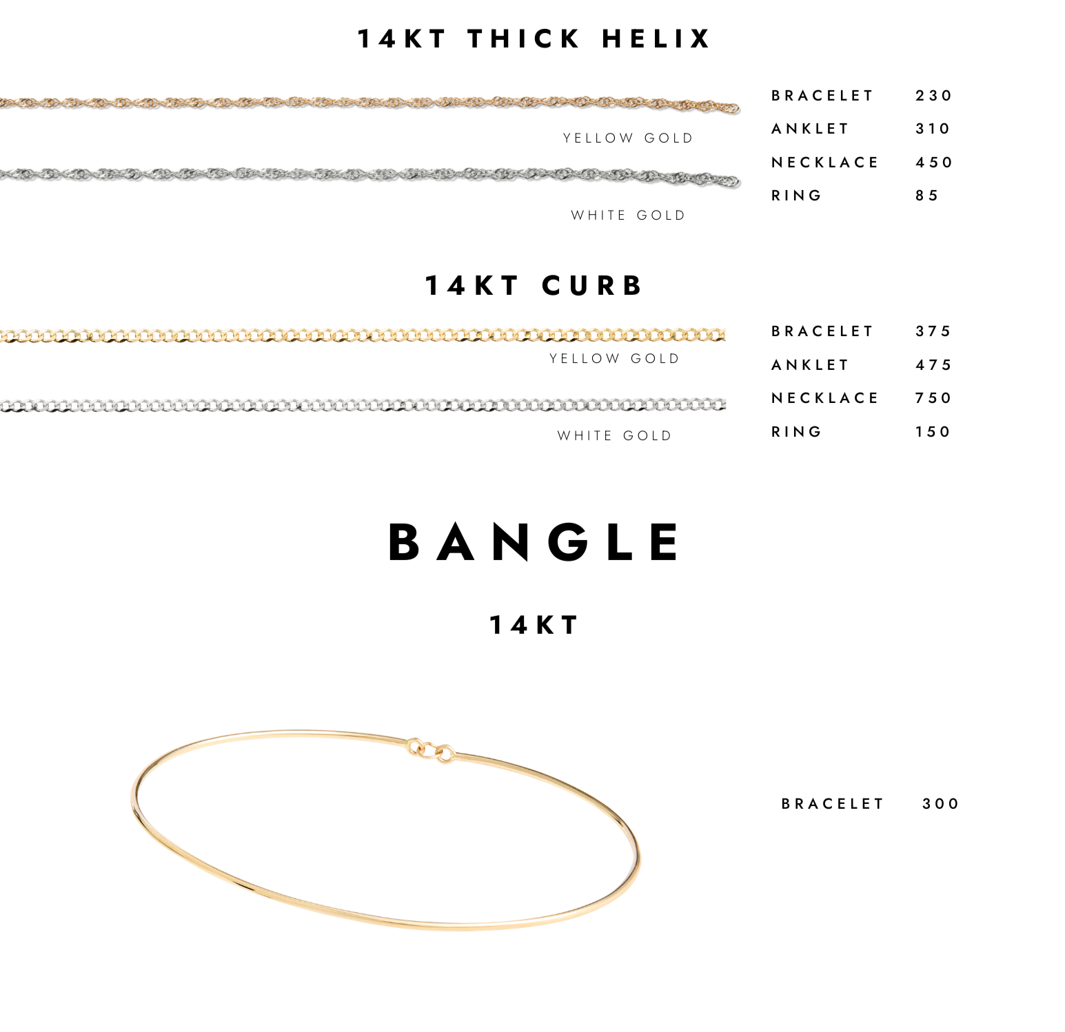 Permanent jewelry menu from Brave Daughters showcasing 14k gold thick helix and curb chain styles, plus 14k gold hard bangle — luxury welded bracelet options with detailed pricing.