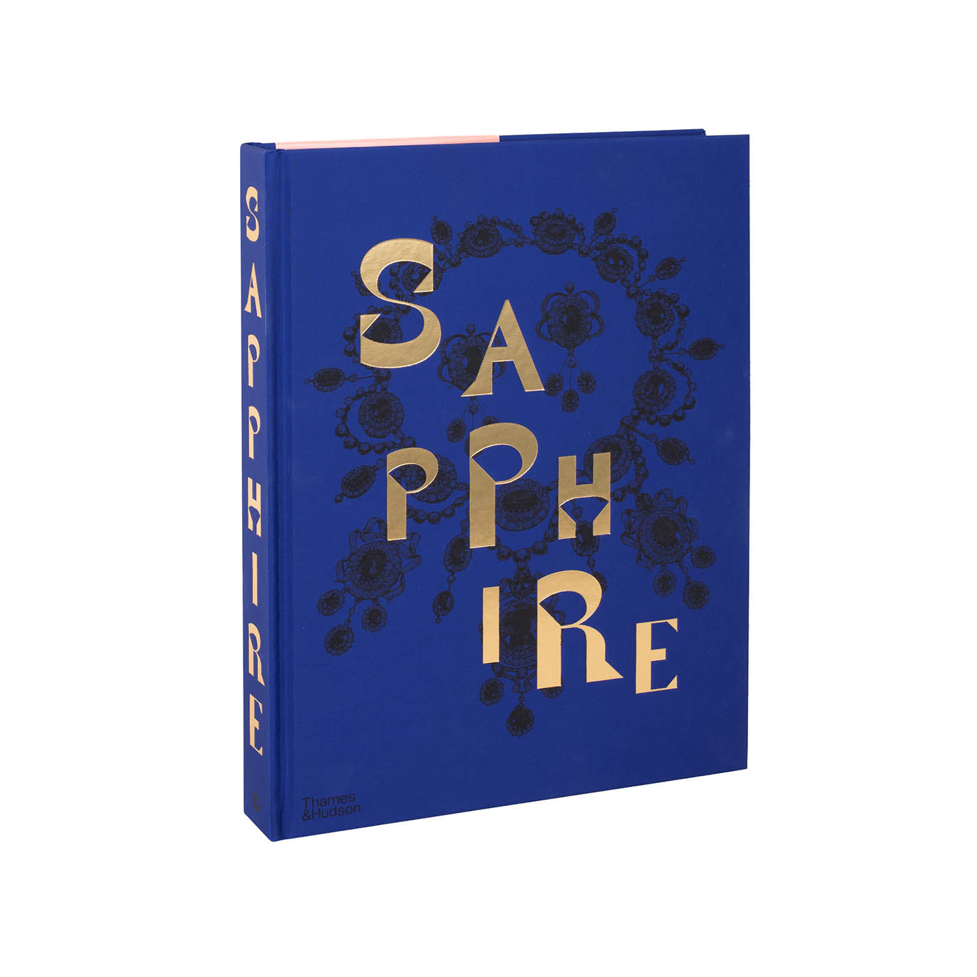 Book cover of 'Sapphire' by Thames & Hudson, featuring bold gold lettering on a deep blue background, adorned with intricate floral designs, emphasizing crystal themes.