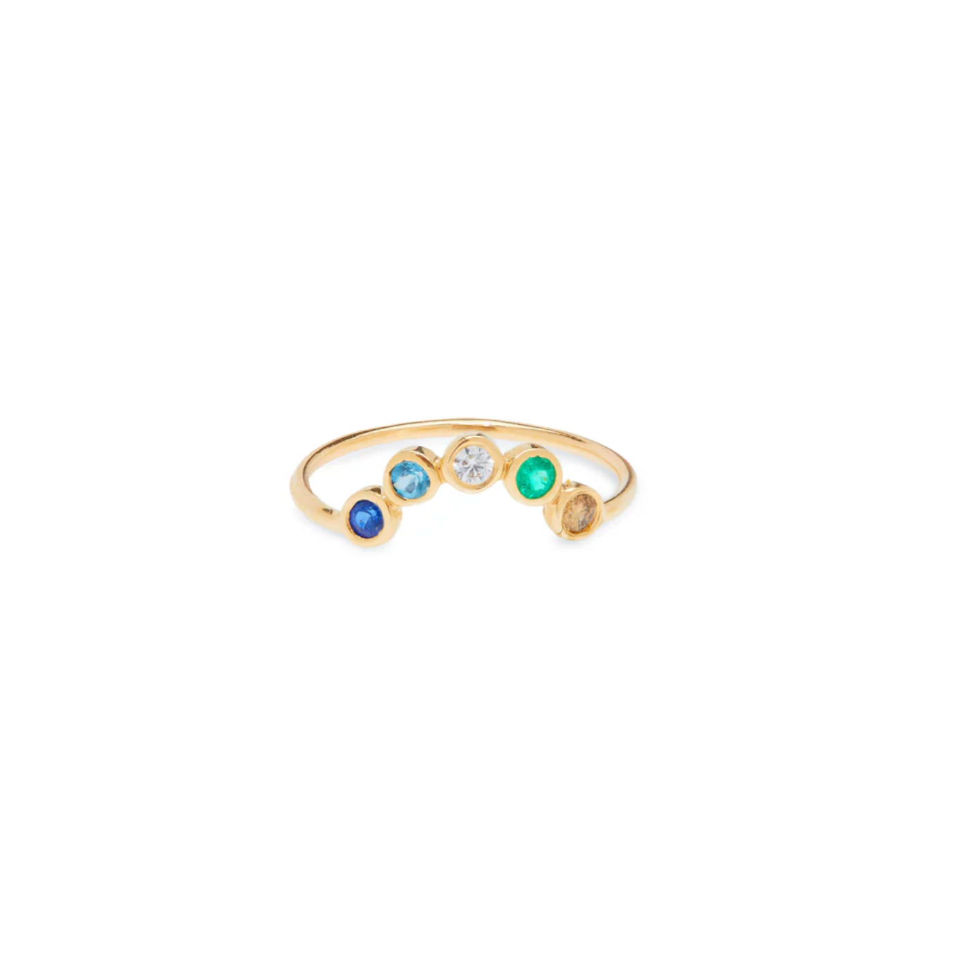 14k Gold ring with colorful gemstones and diamonds on a white background