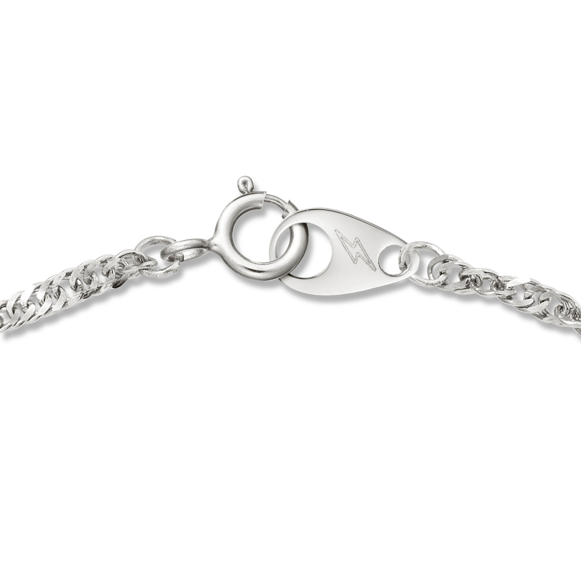 Close-up of Brave Daughters' custom white gold spring ring clasp engraved with lightning bolt logo — a signature fine jewelry finish designed for secure wear and elevated branding.
