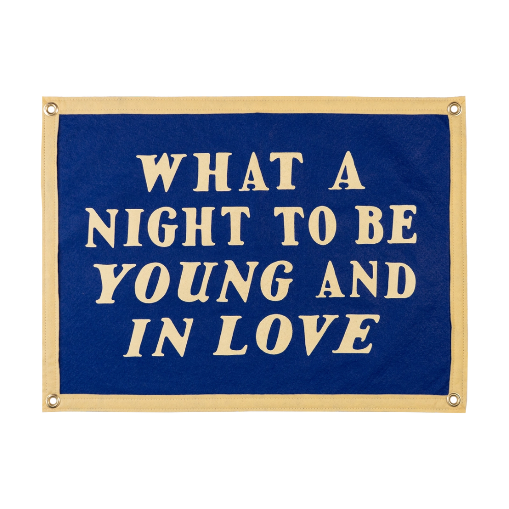 Motivational banner with text reading what a night to be young and in love on a blue background