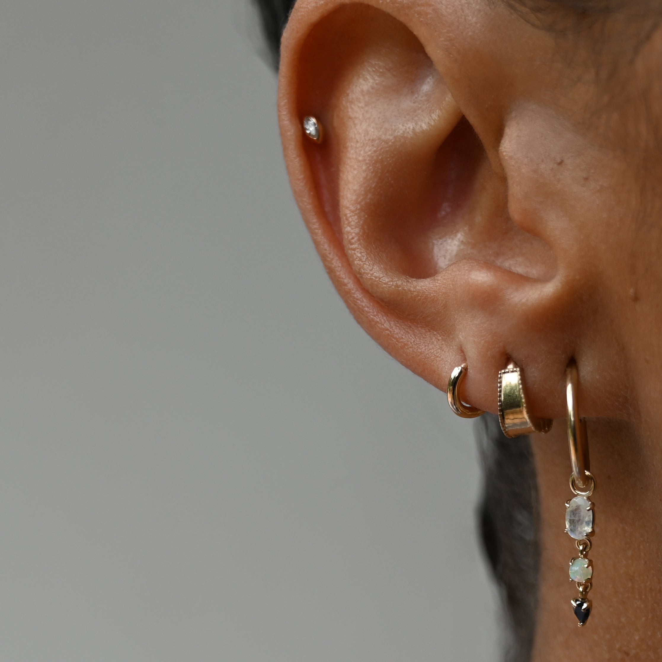 Moonstone, Opal & Black Diamond Oval Single Clicker Hoop Earring
