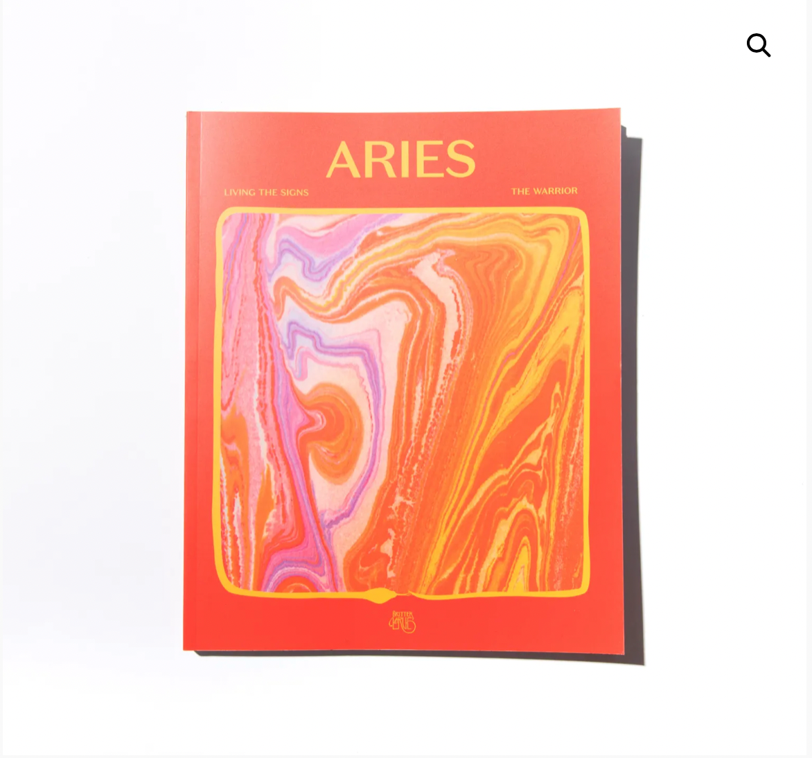 Aries Astrology Workbook cover featuring vibrant orange and pink marbled design, titled "ARIES" with subtitle "LIVING THE SIGNS" and "THE WARRIOR," representing self-discovery and astrological insights.