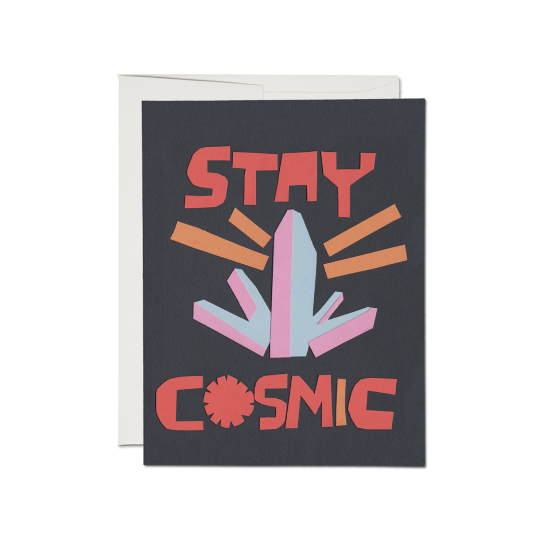 Stay Cosmic greeting card featuring bold, colorful text and a crystal illustration on a dark background, designed for Brave Daughters e-commerce platform.