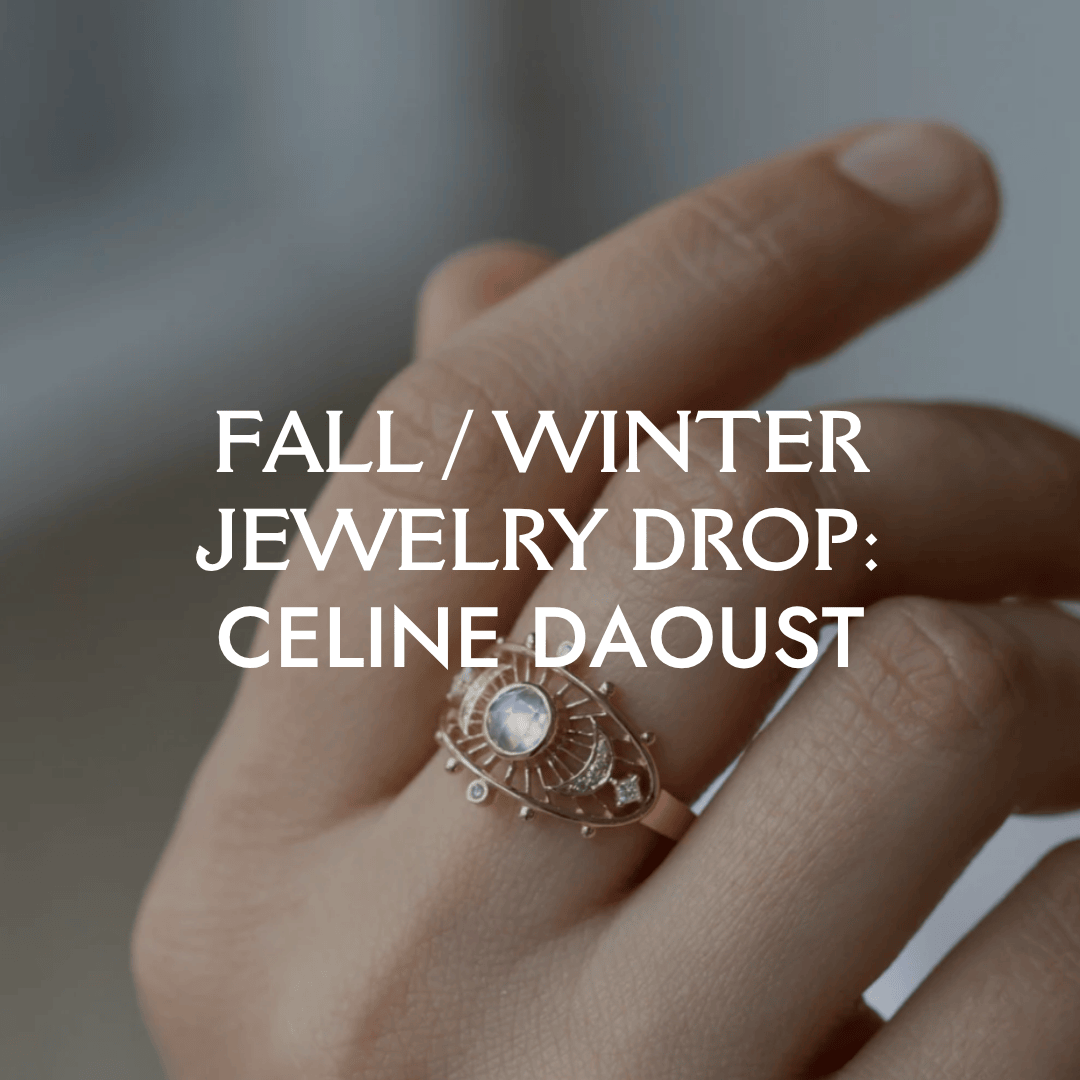 Close-up of a hand wearing a Celine Daoust moonstone and diamond ring, showcasing the fall and winter jewelry drop at Brave Daughters.