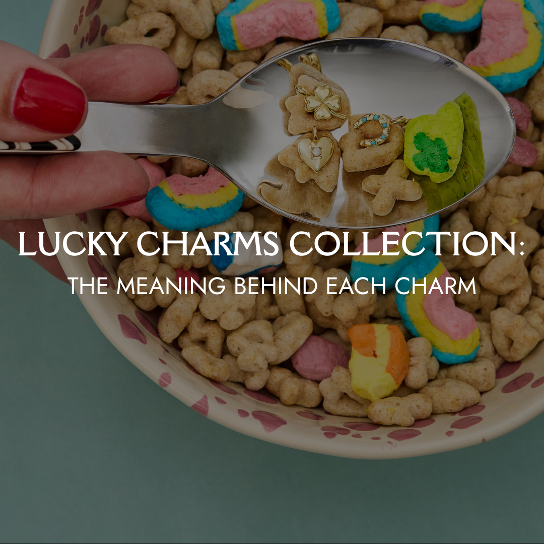 Lucky Charms jewelry collection by Brave Daughters featuring symbolic gold charms styled on cereal-inspired flat lay, representing luck and meaning.
