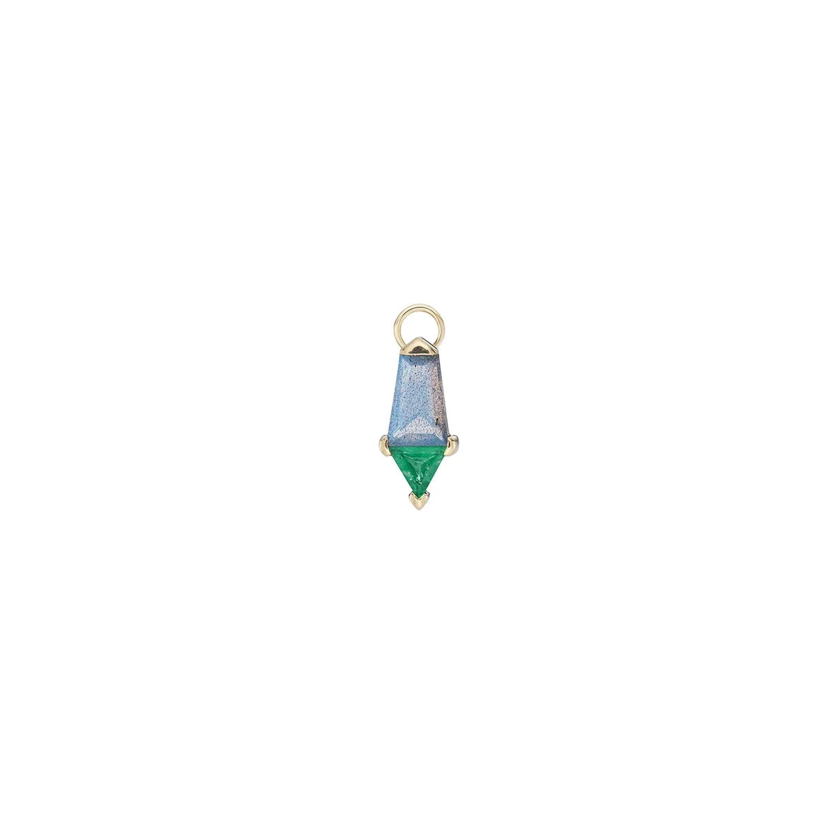 a gold charm with two prong set gemstones, an emerald and a labradorite, with a gold bail over a white background