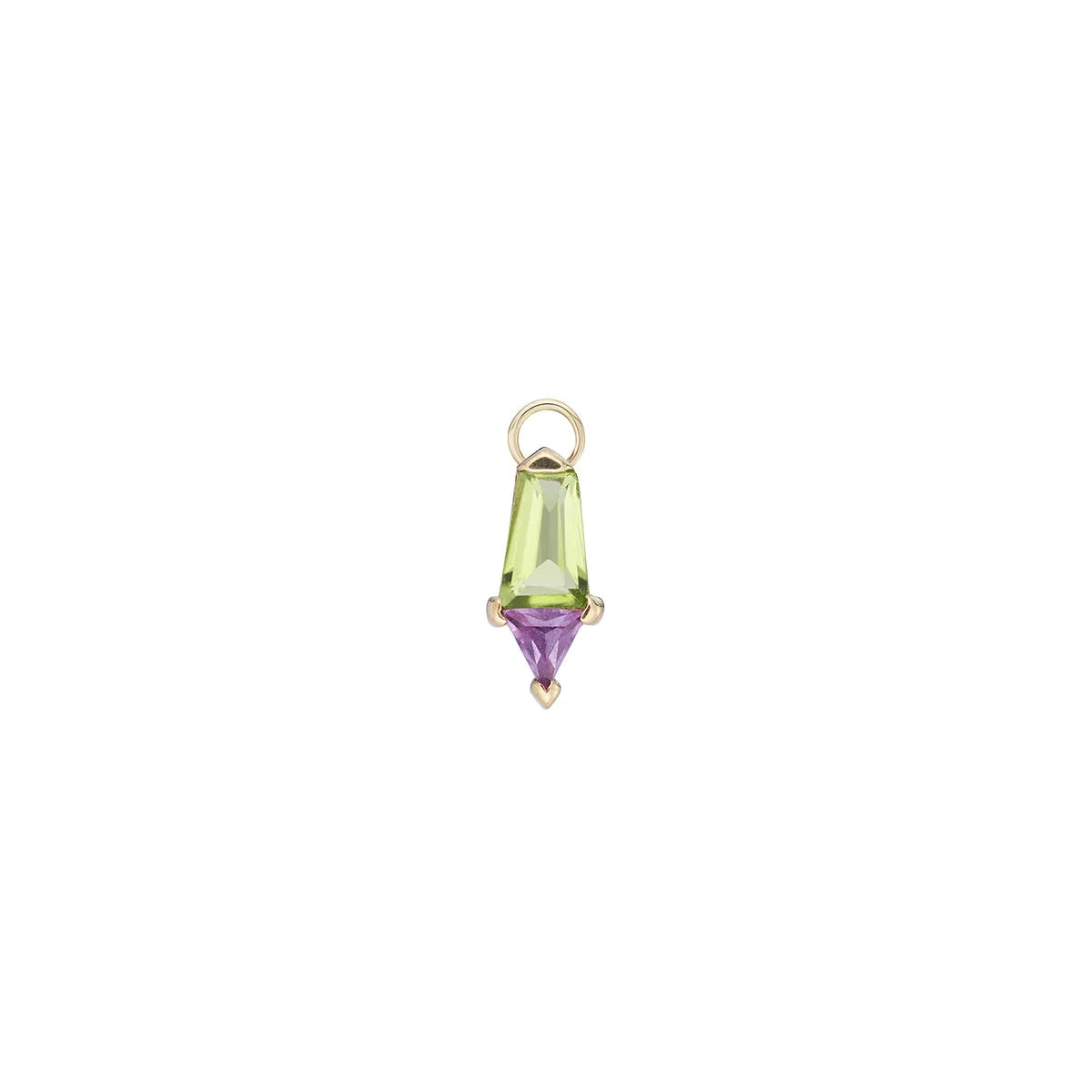 a gold charm with two prong set gemstones, a pink sapphire and a peridot, with a gold bail over a white background