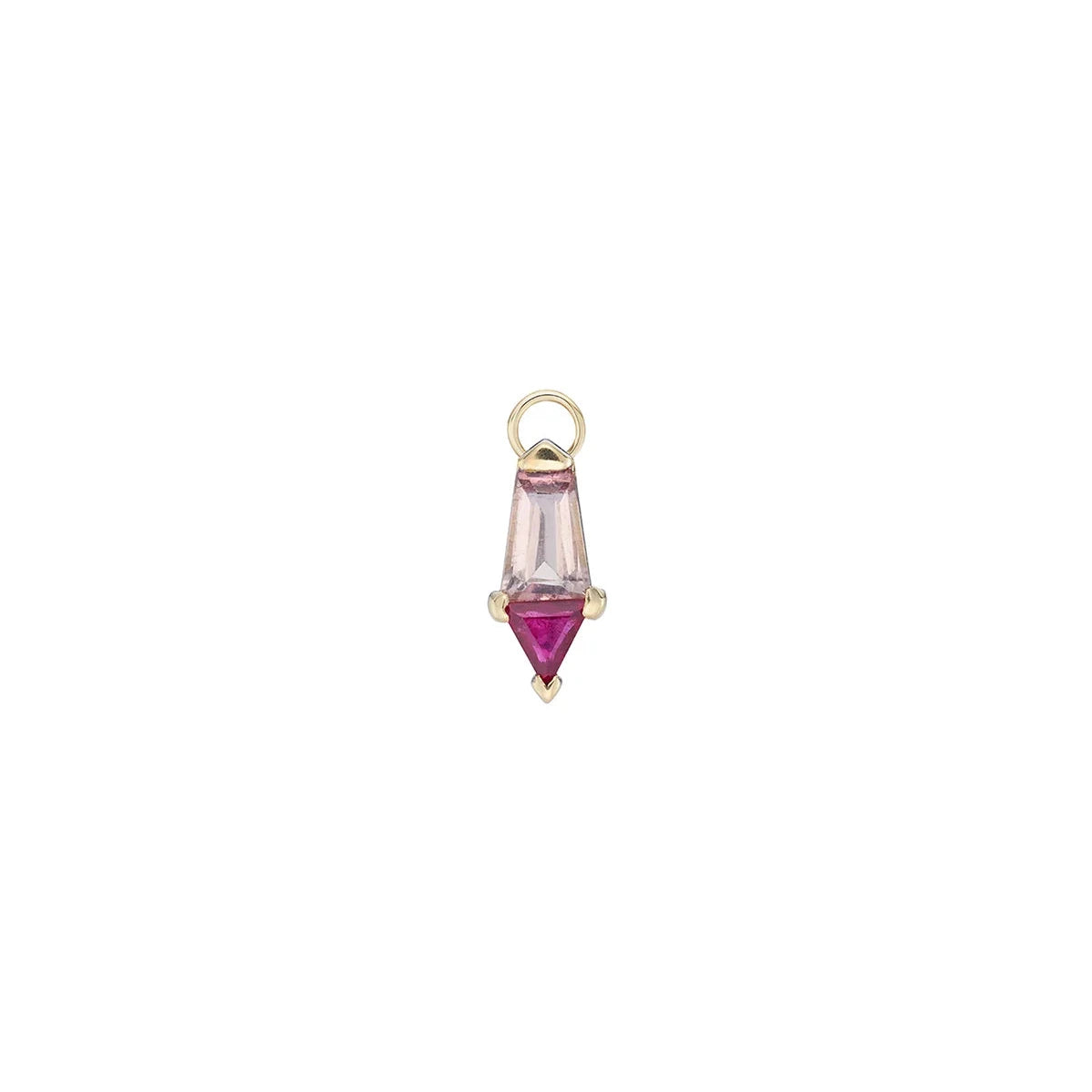 a gold charm with two prong set gemstones, a ruby and a pink tourmaline, with a gold bail over a white background